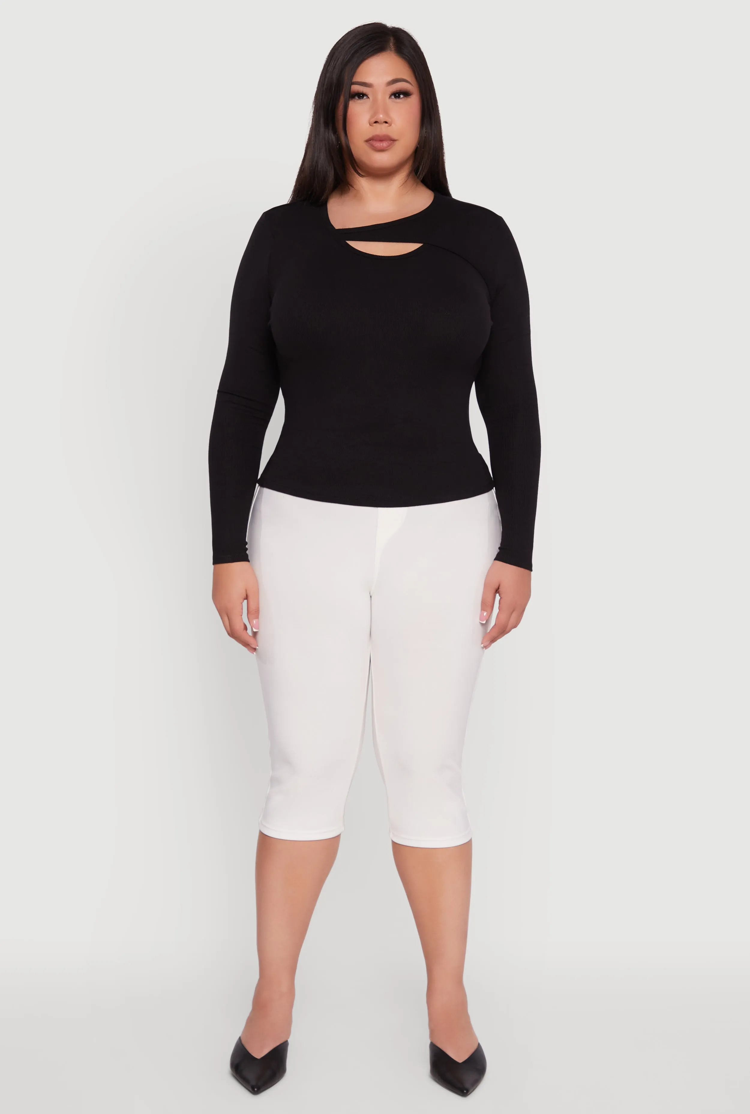 Plus Size Ribbed Knit Keyhole Long Sleeve Tee sold by Rainbow product image thumbnail 3