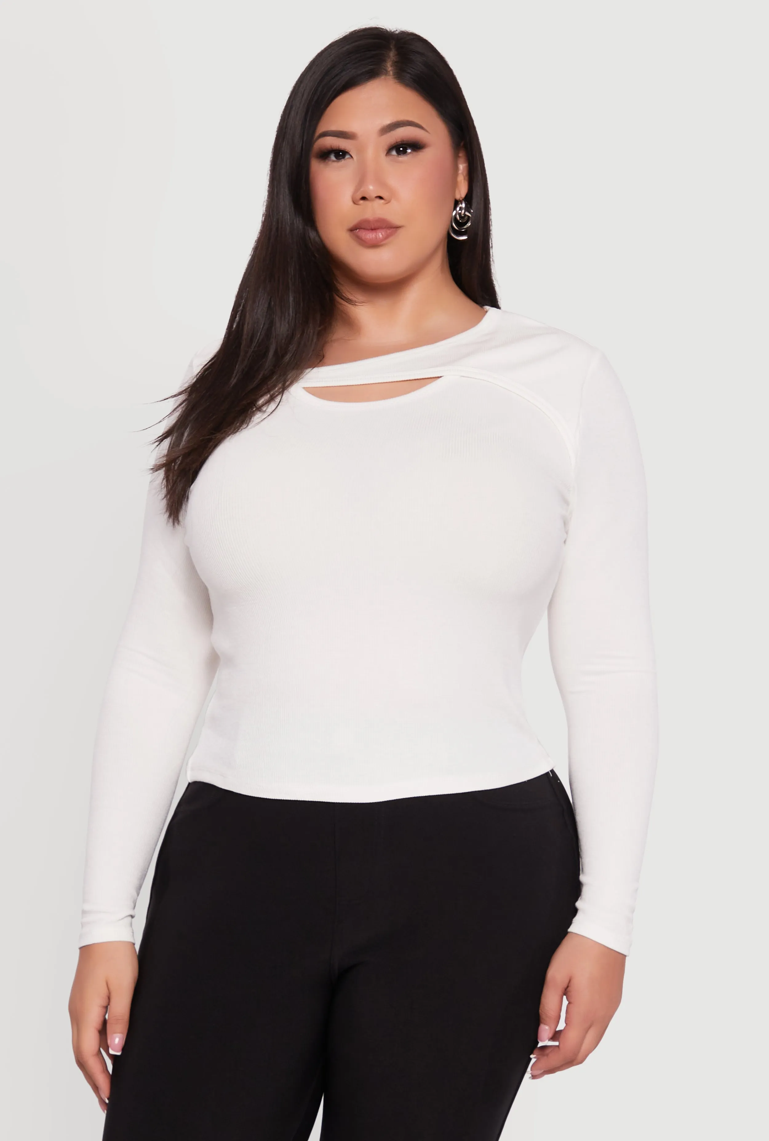 Plus Size Ribbed Knit Keyhole Long Sleeve Tee sold by Rainbow product image thumbnail 2