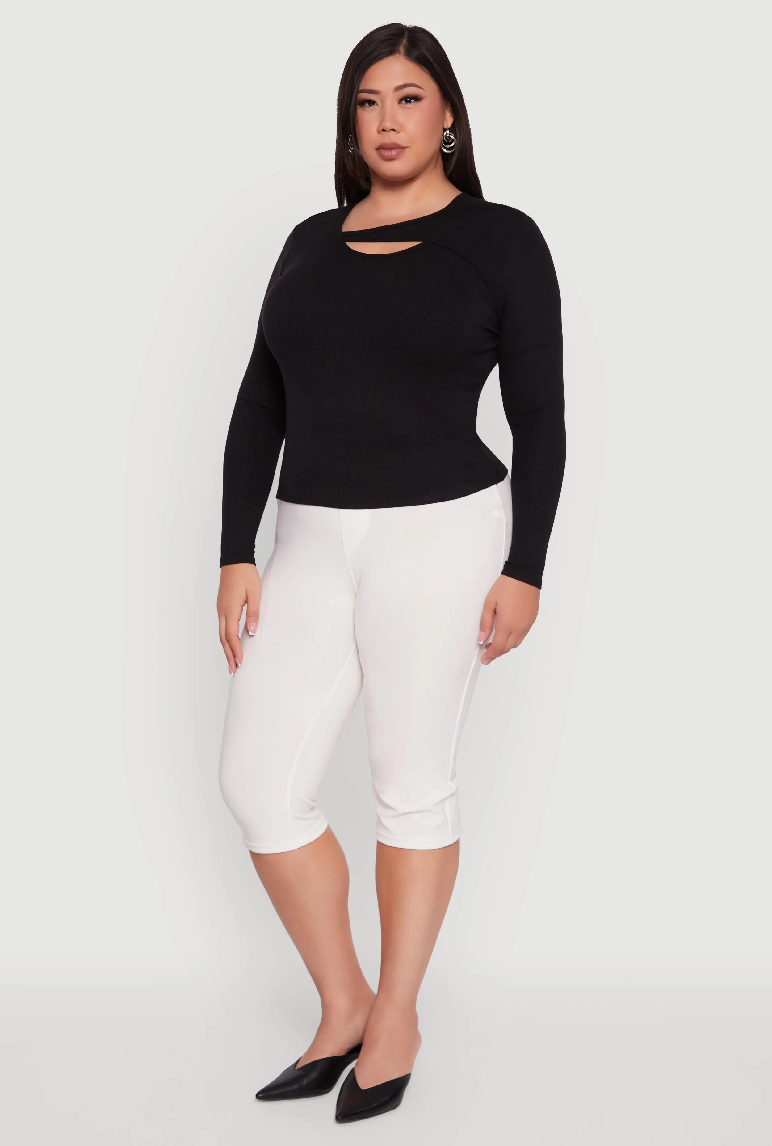 Plus Size Ribbed Knit Keyhole Long Sleeve Tee sold by Rainbow