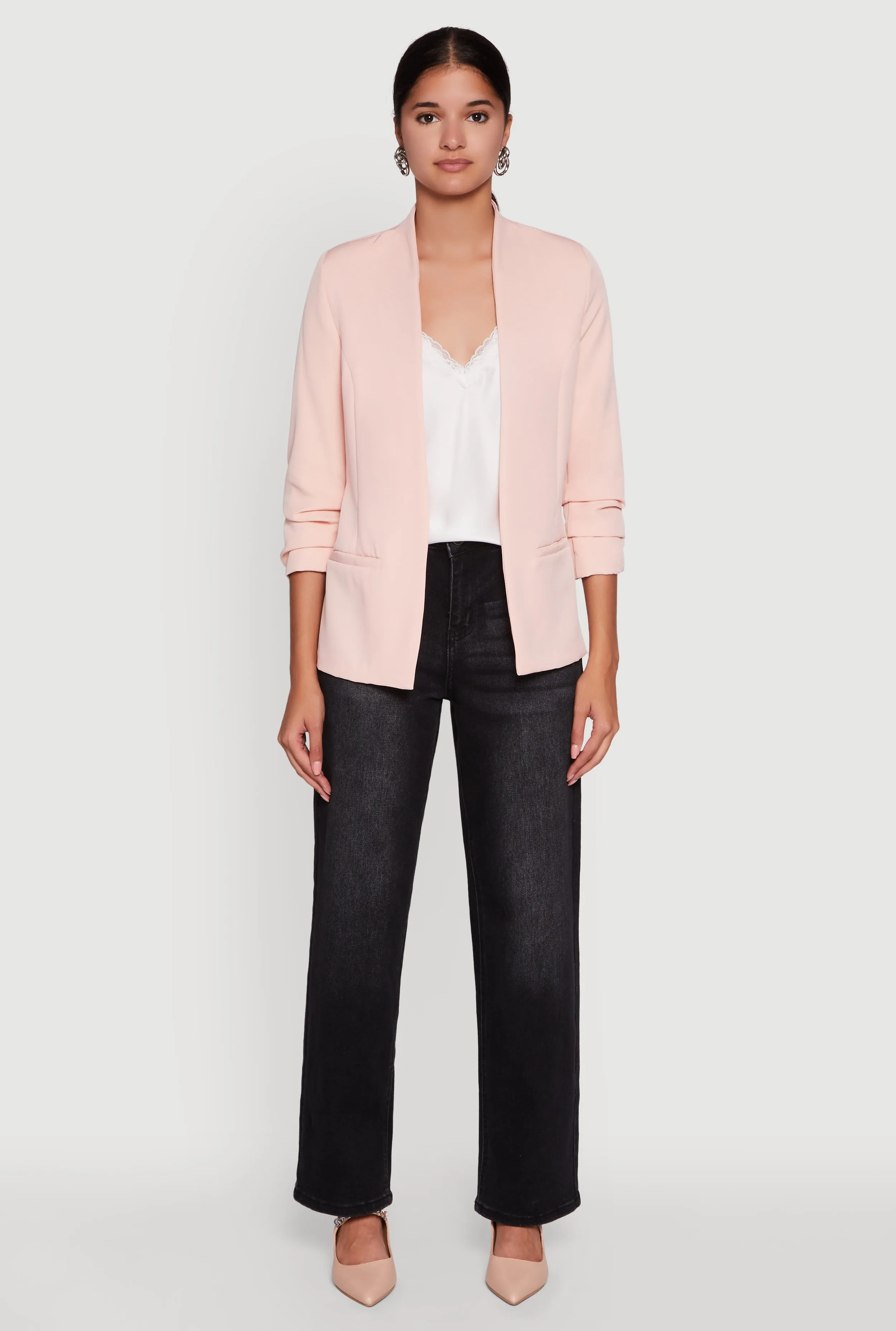 Open Front Ruched Sleeve Padded Shoulder Blazer sold by Rainbow product image thumbnail 3