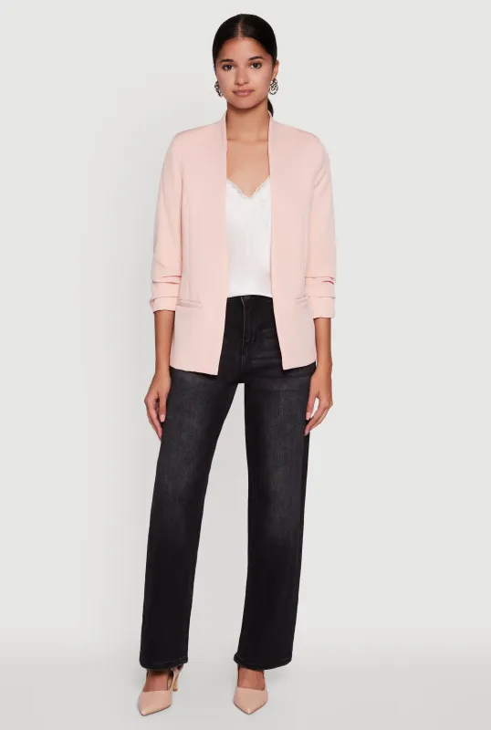 Open Front Ruched Sleeve Padded Shoulder Blazer sold by Rainbow