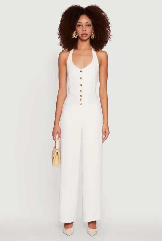 Crepe Knit Button Front Halter Jumpsuit sold by Rainbow