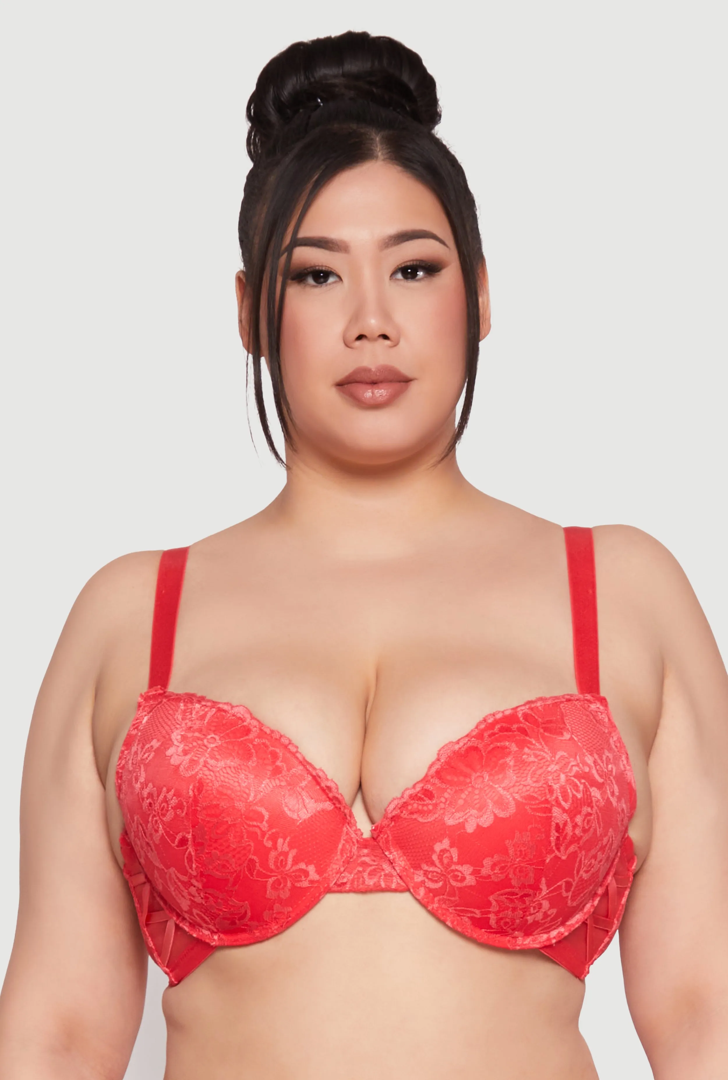 Plus Size Floral Patterned Caged Lace Plunge Bra sold by Rainbow