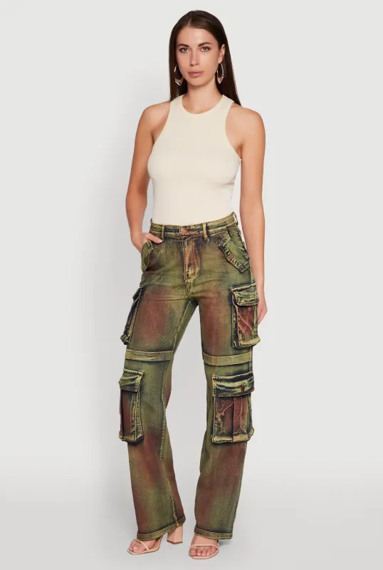 Acid Wash Wide Leg Cargo Jeans sold by Rainbow