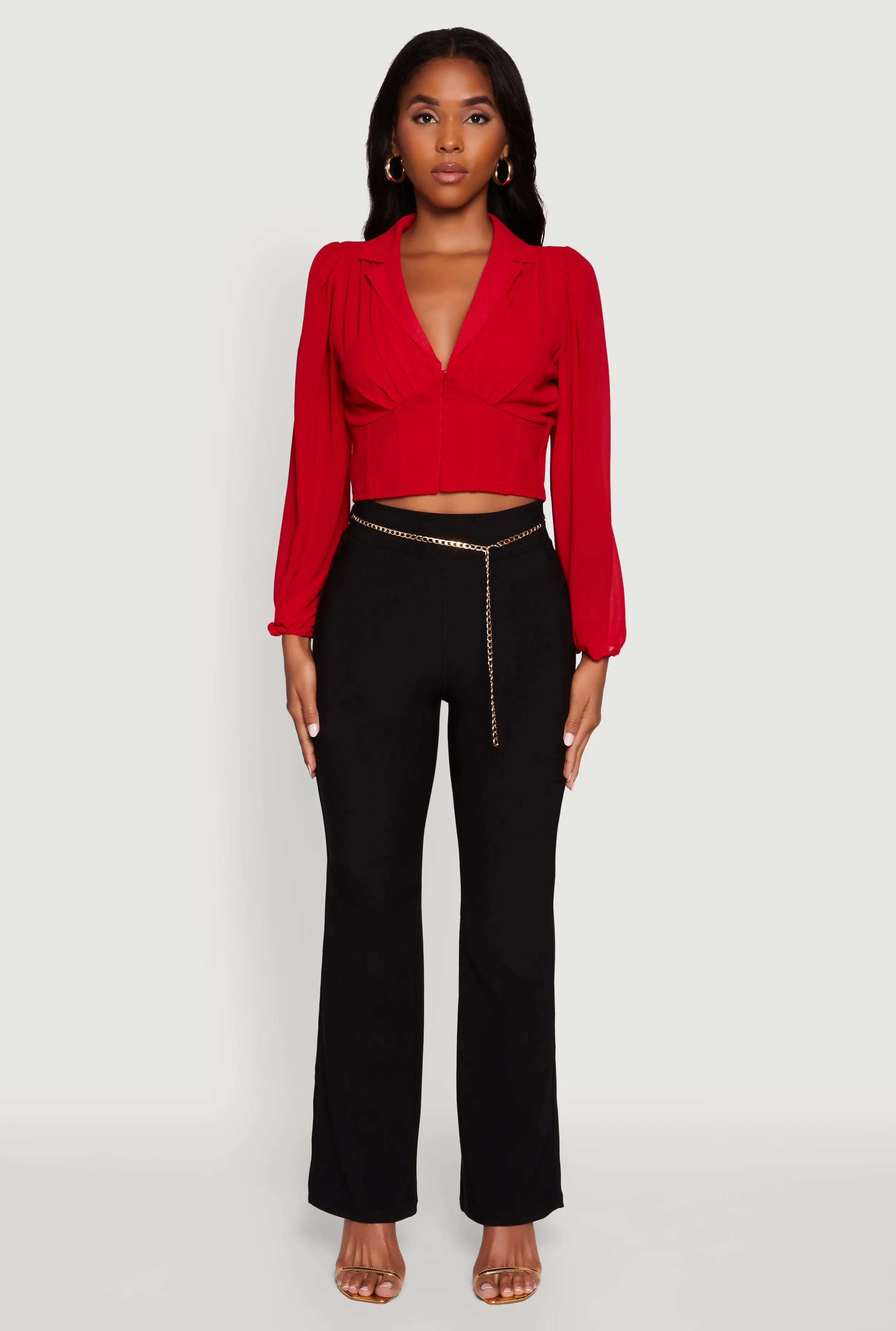 High Waisted Flare Leg Scuba Pants with Metallic Chain Belt sold by Rainbow product image thumbnail 2