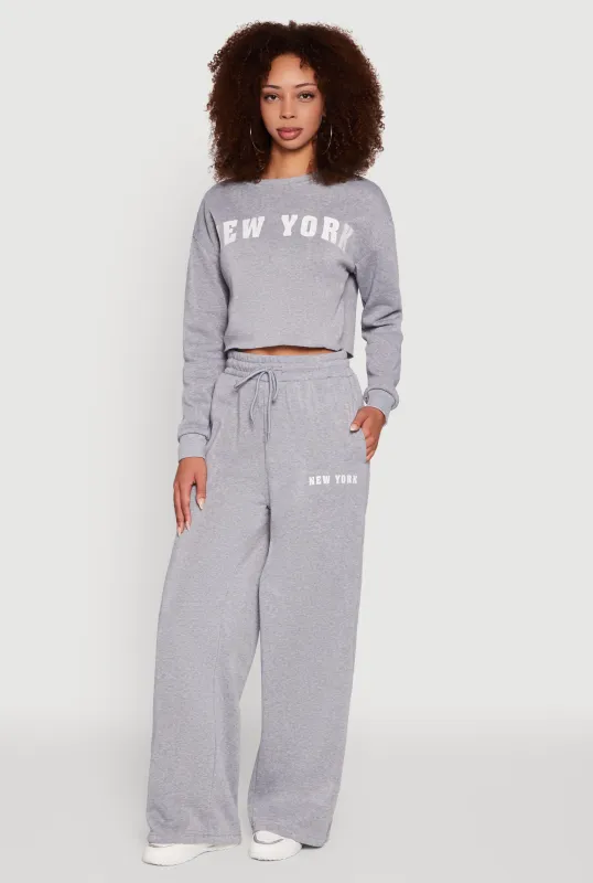 New York Graphic Drawstring Waist Wide Leg Sweatpants sold by Rainbow