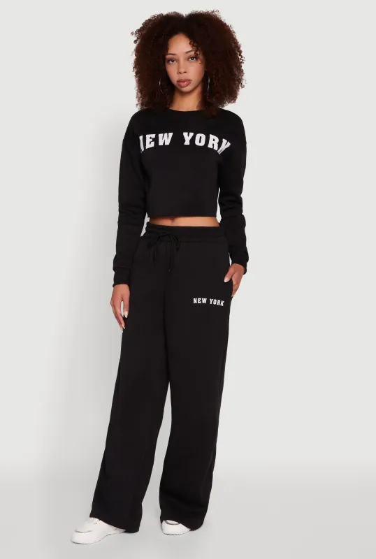 New York Graphic Drawstring Waist Wide Leg Sweatpants sold by Rainbow