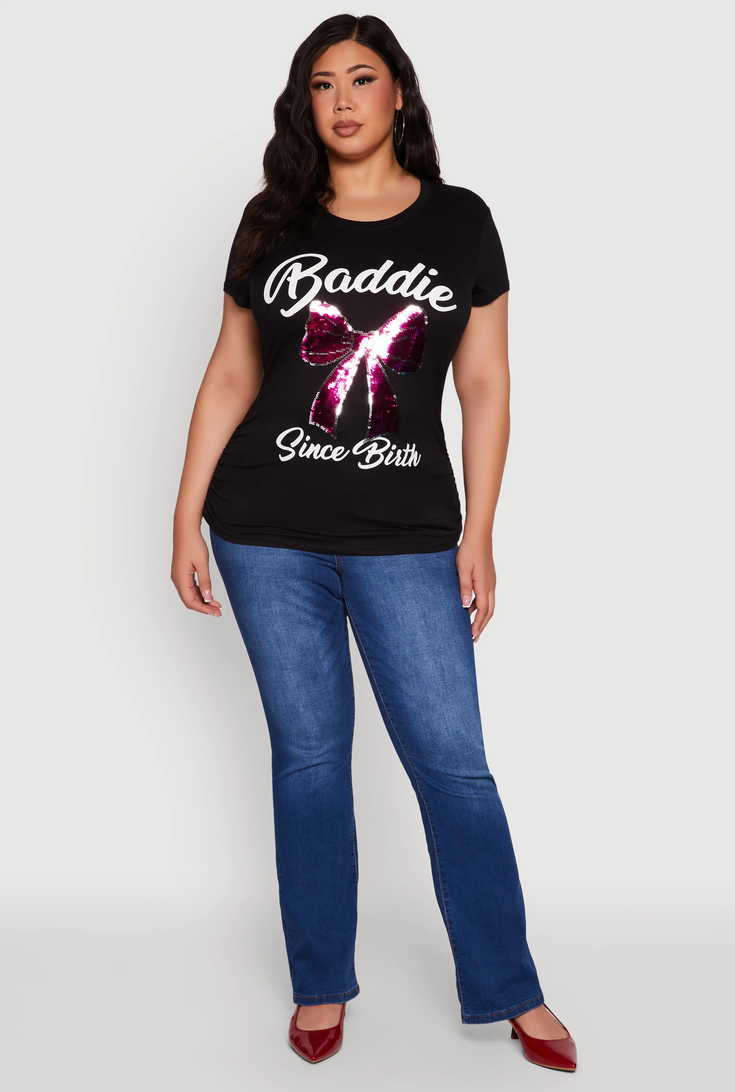 Plus Size Baddie Since Birth Sequin Graphic Tee sold by Rainbow