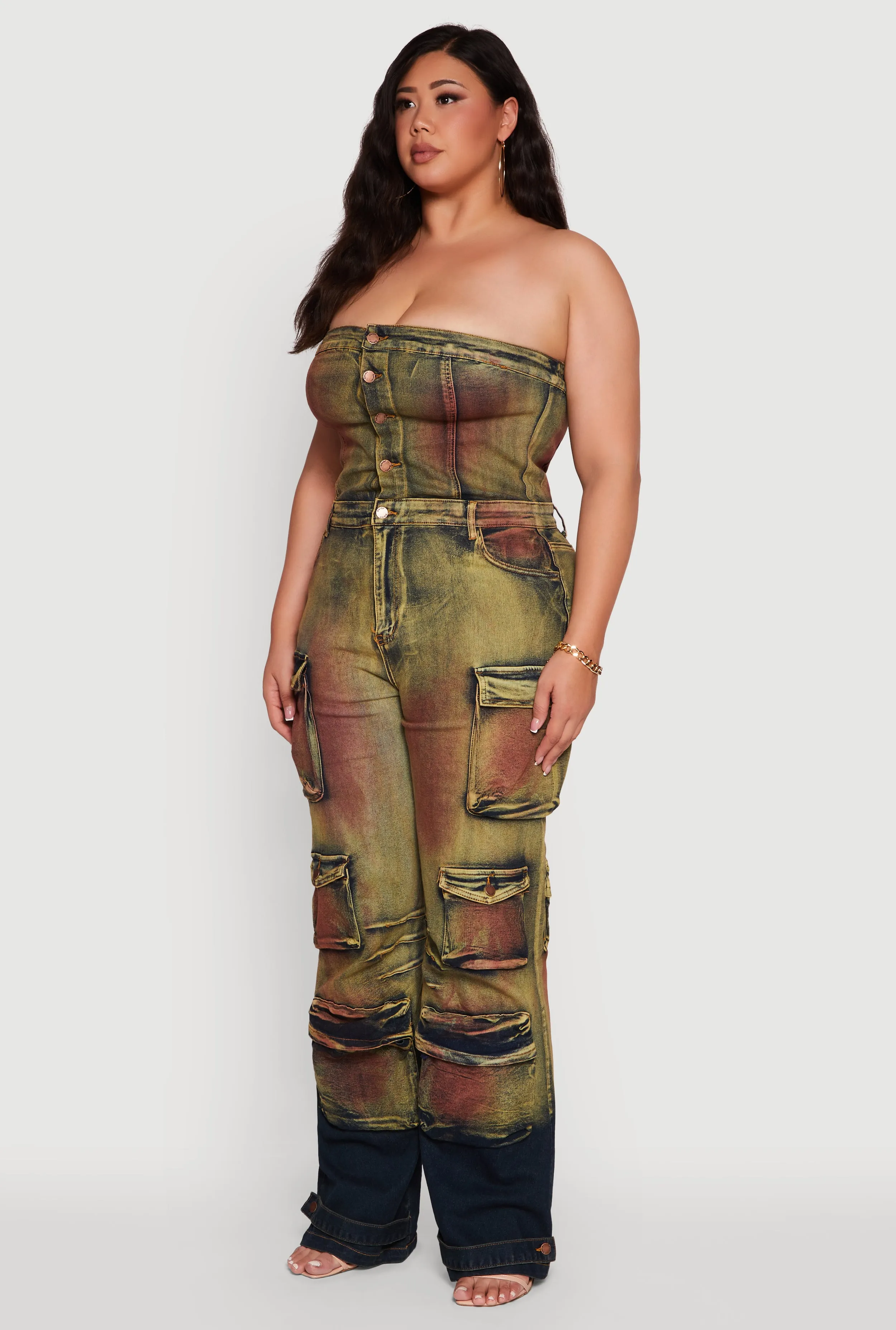 Plus Size Acid Wash Button Front Tube Utility Jumpsuit sold by Rainbow product image thumbnail 3