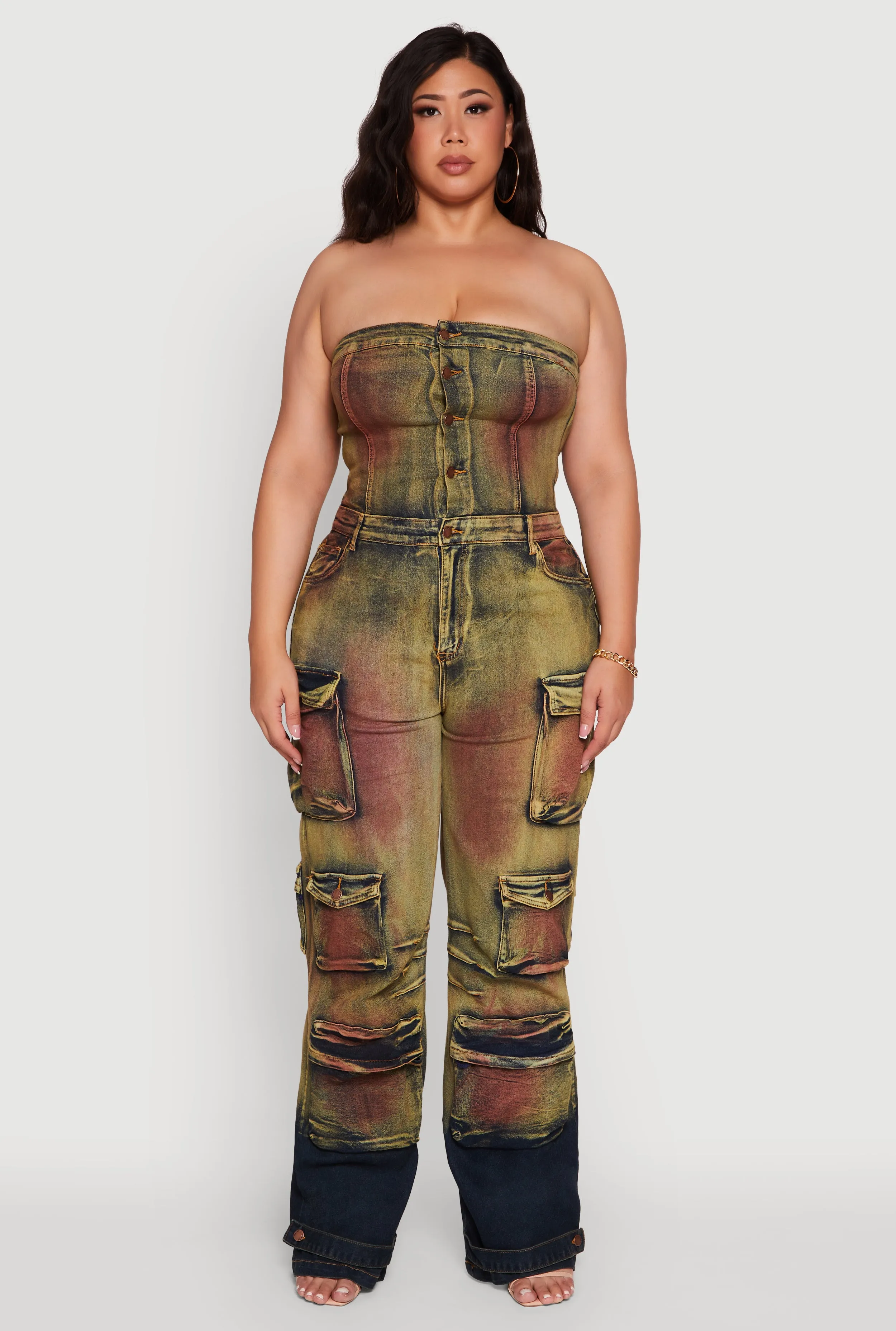 Plus Size Acid Wash Button Front Tube Utility Jumpsuit sold by Rainbow product image thumbnail 2