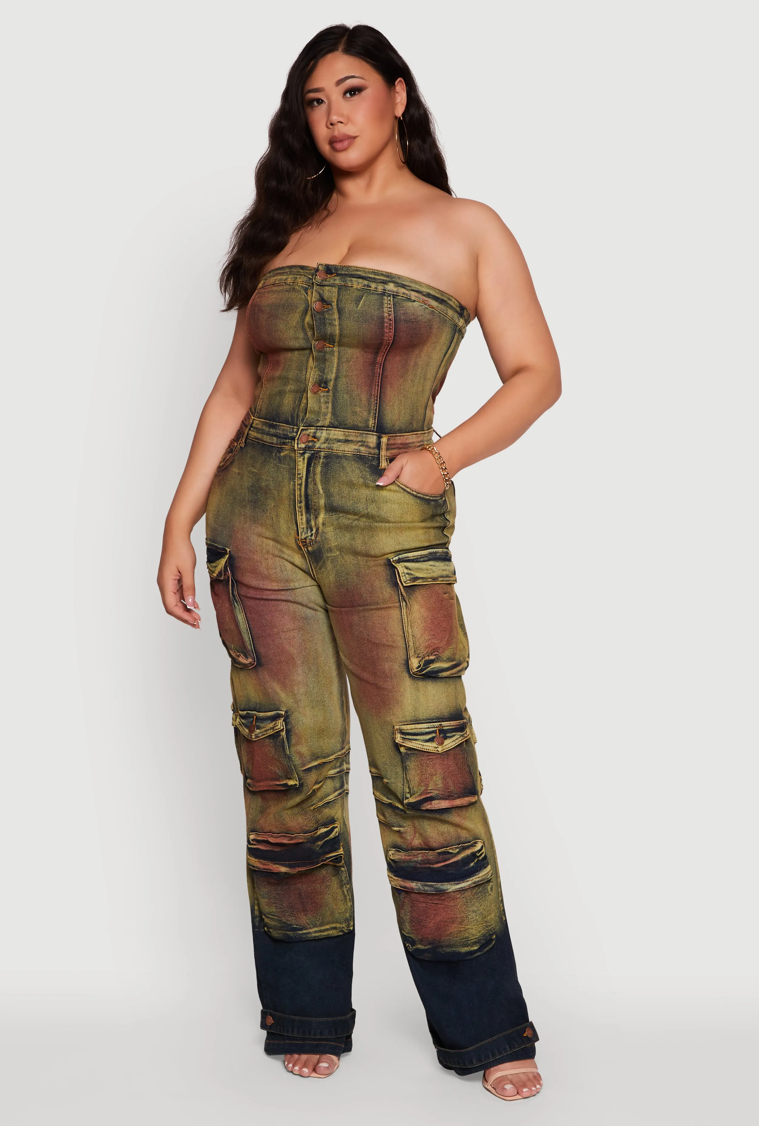 Plus Size Acid Wash Button Front Tube Utility Jumpsuit sold by Rainbow