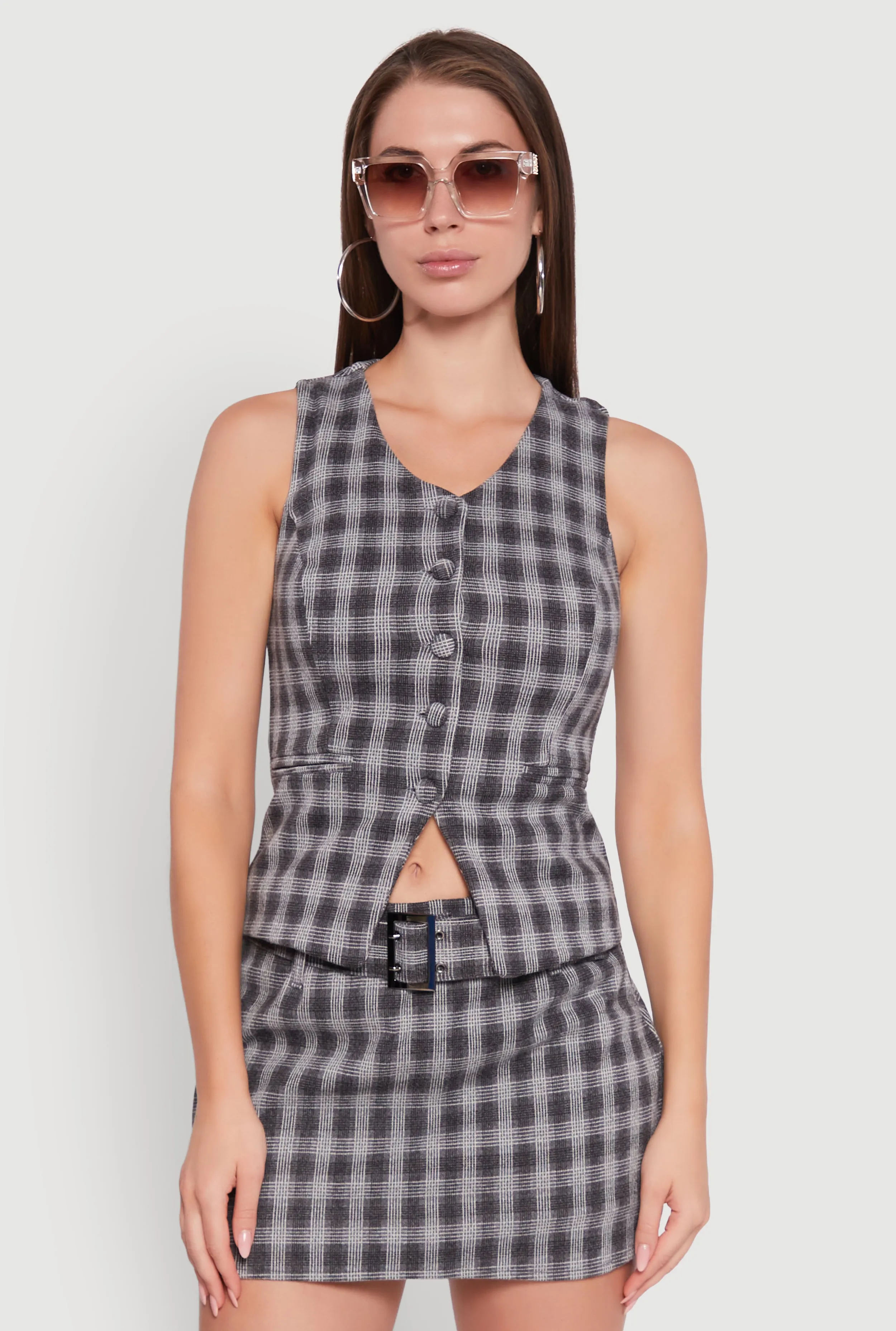 Fleece Plaid Button Front V-Neck Vest sold by Rainbow
