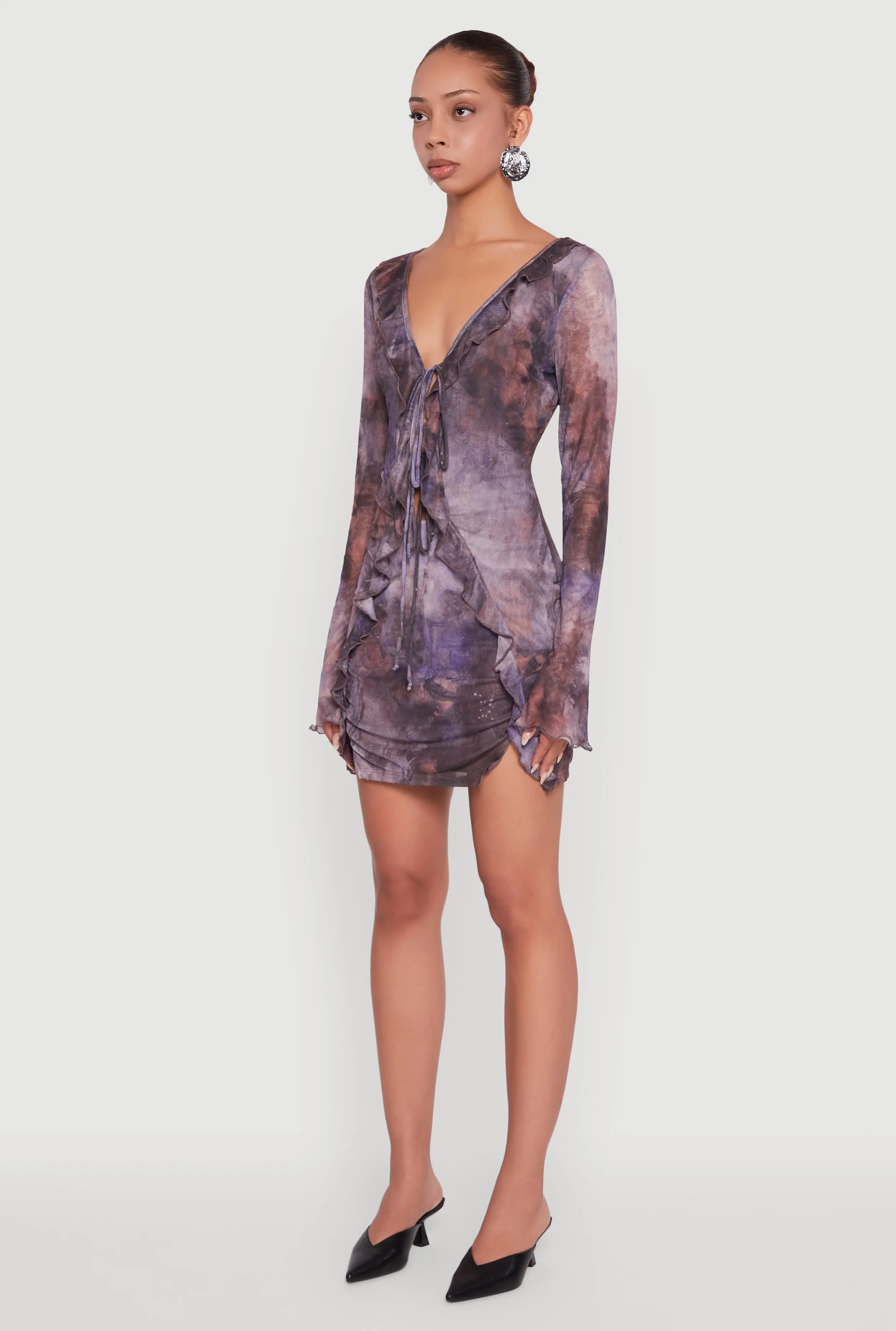 Ruffle Mesh Tie Front Bodycon Dress sold by Rainbow product image thumbnail 3