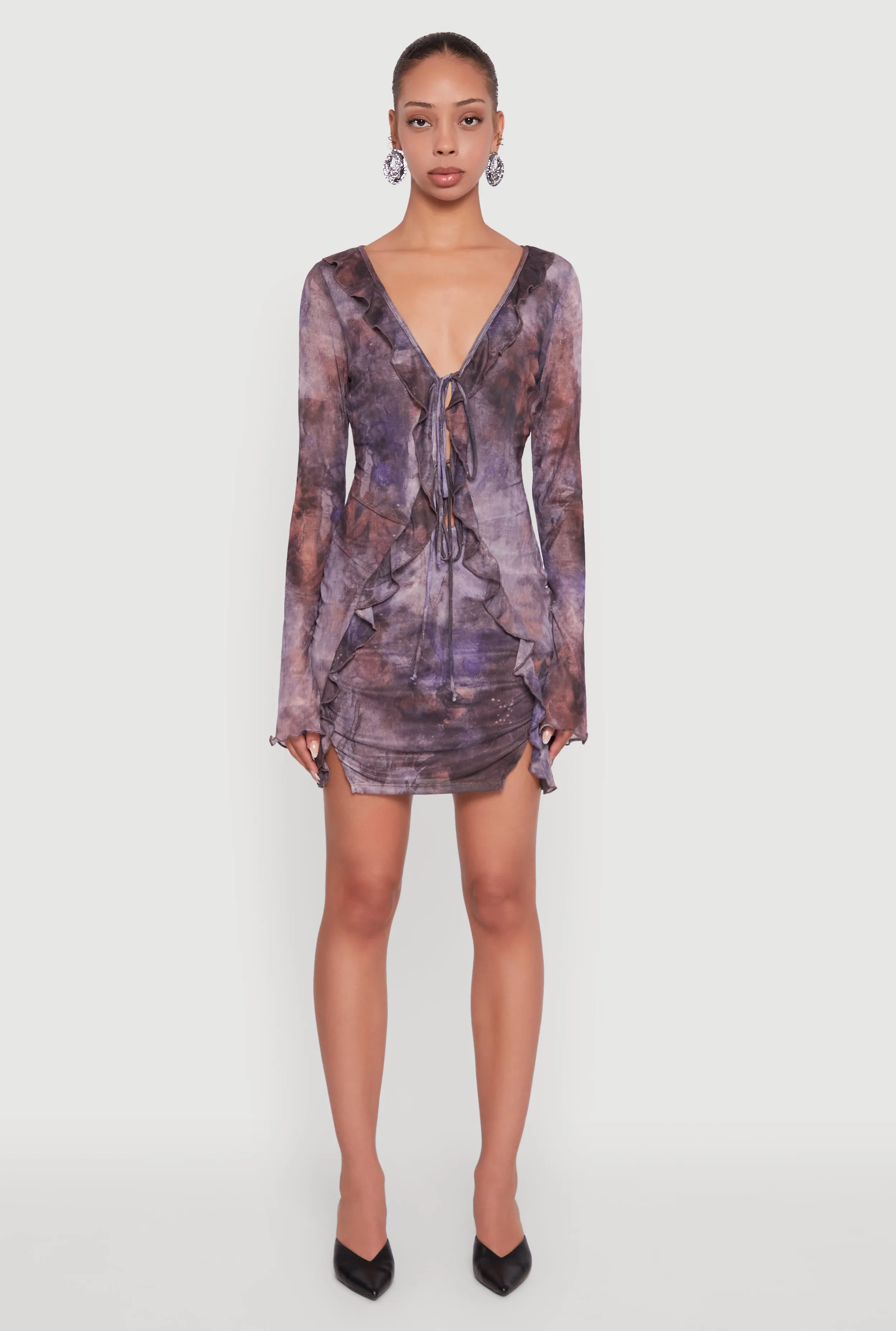 Ruffle Mesh Tie Front Bodycon Dress sold by Rainbow product image thumbnail 2