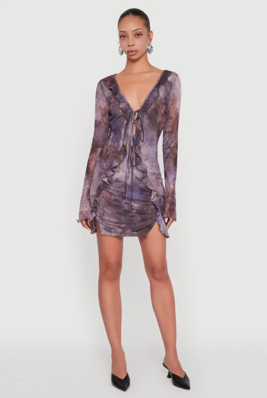 Ruffle Mesh Tie Front Bodycon Dress sold by Rainbow