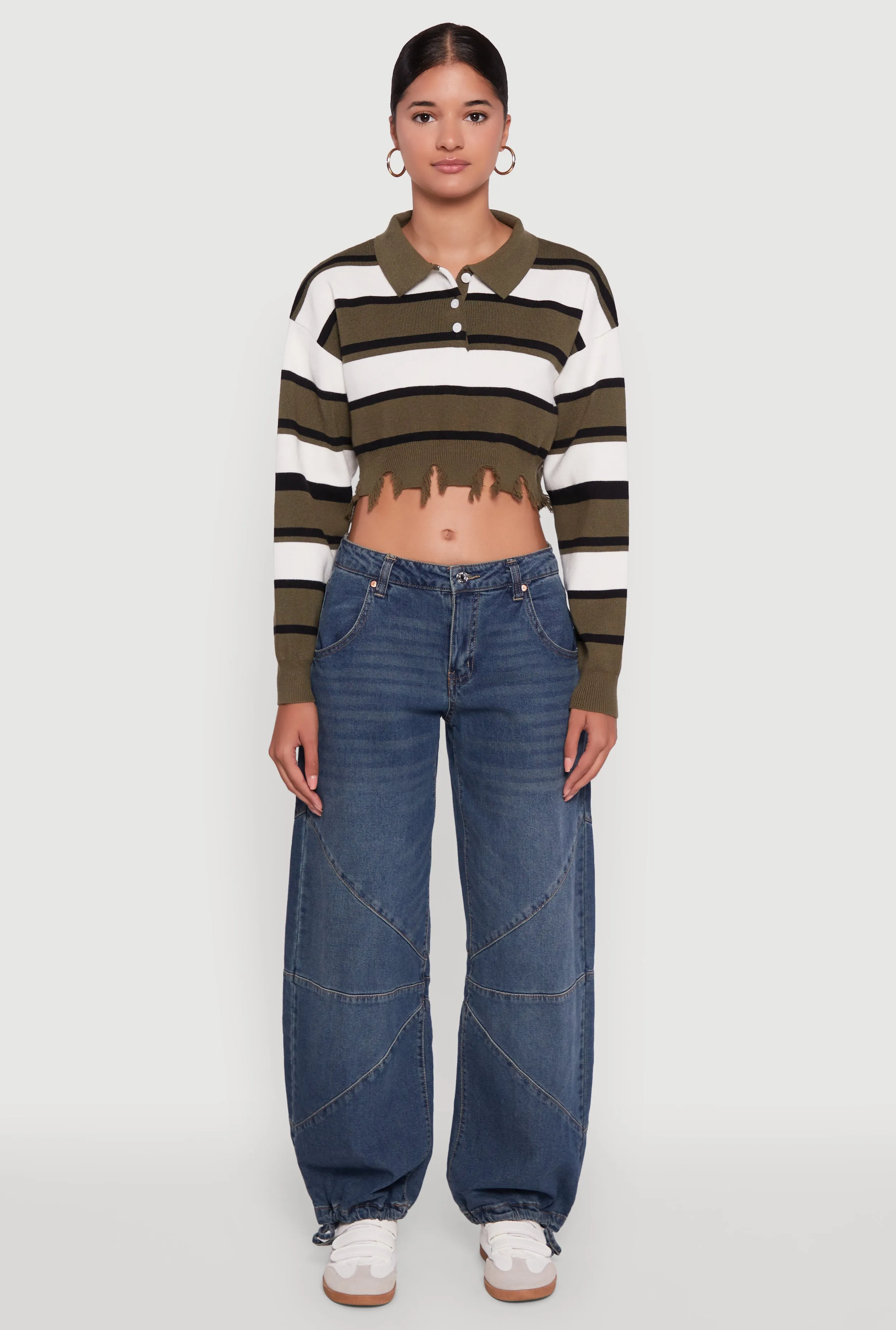 Striped Polo Collar Frayed Hem Crop Sweater sold by Rainbow product image thumbnail 3