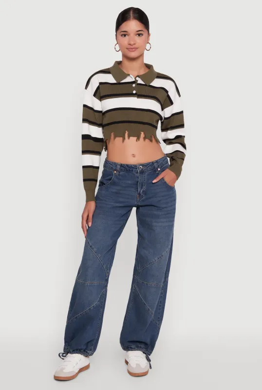 Striped Polo Collar Frayed Hem Crop Sweater sold by Rainbow