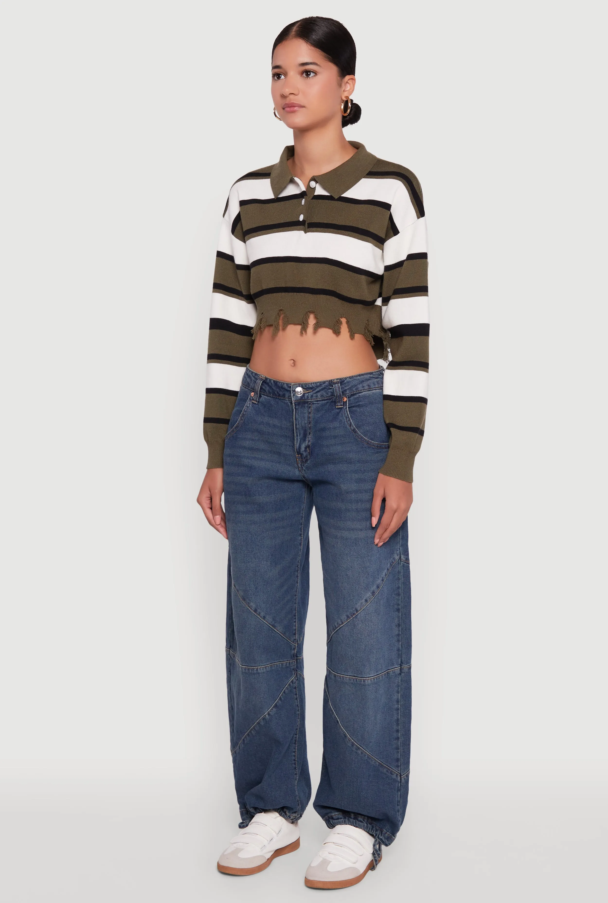 Striped Polo Collar Frayed Hem Crop Sweater sold by Rainbow product image thumbnail 5