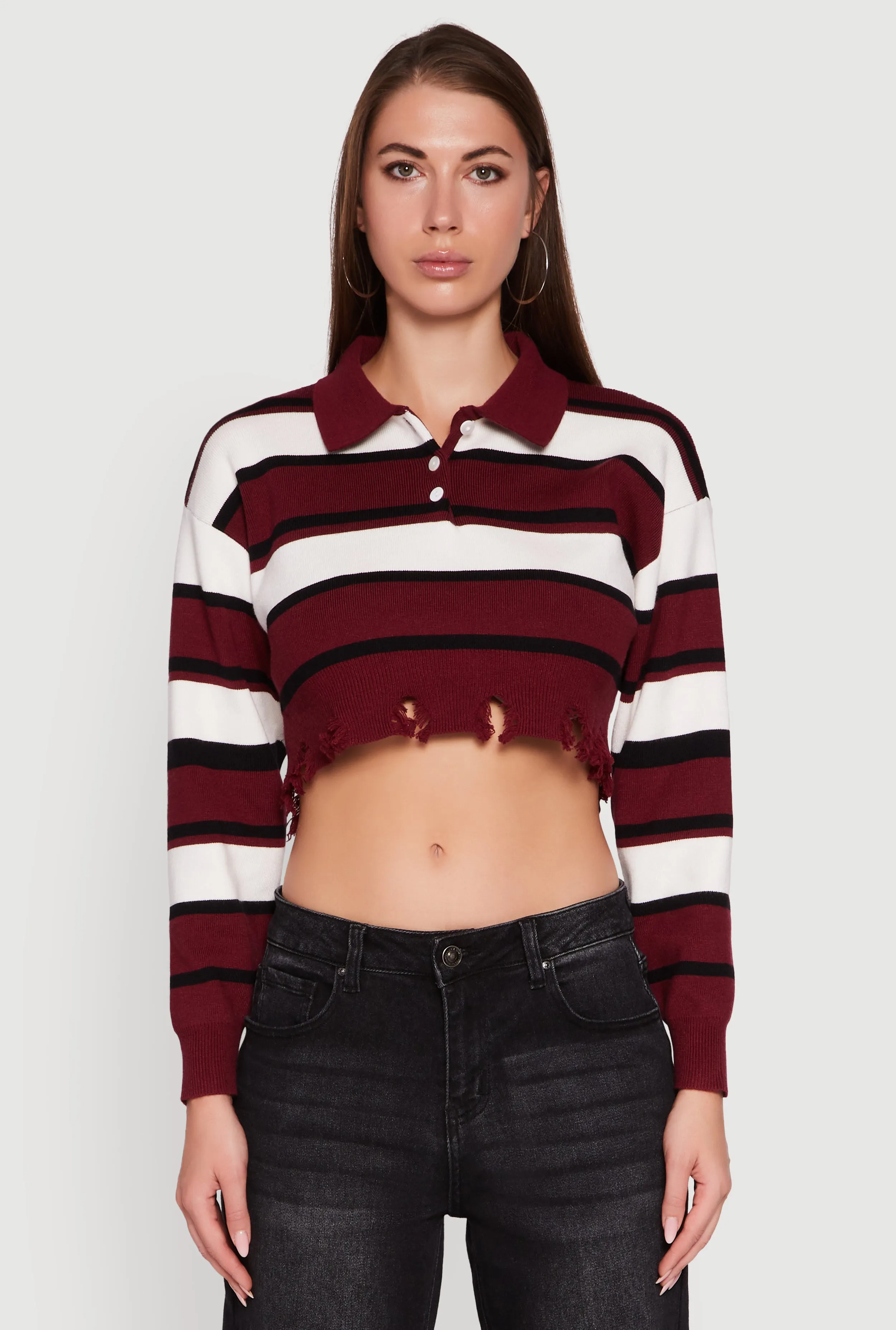 Striped Polo Collar Frayed Hem Crop Sweater sold by Rainbow product image thumbnail 2
