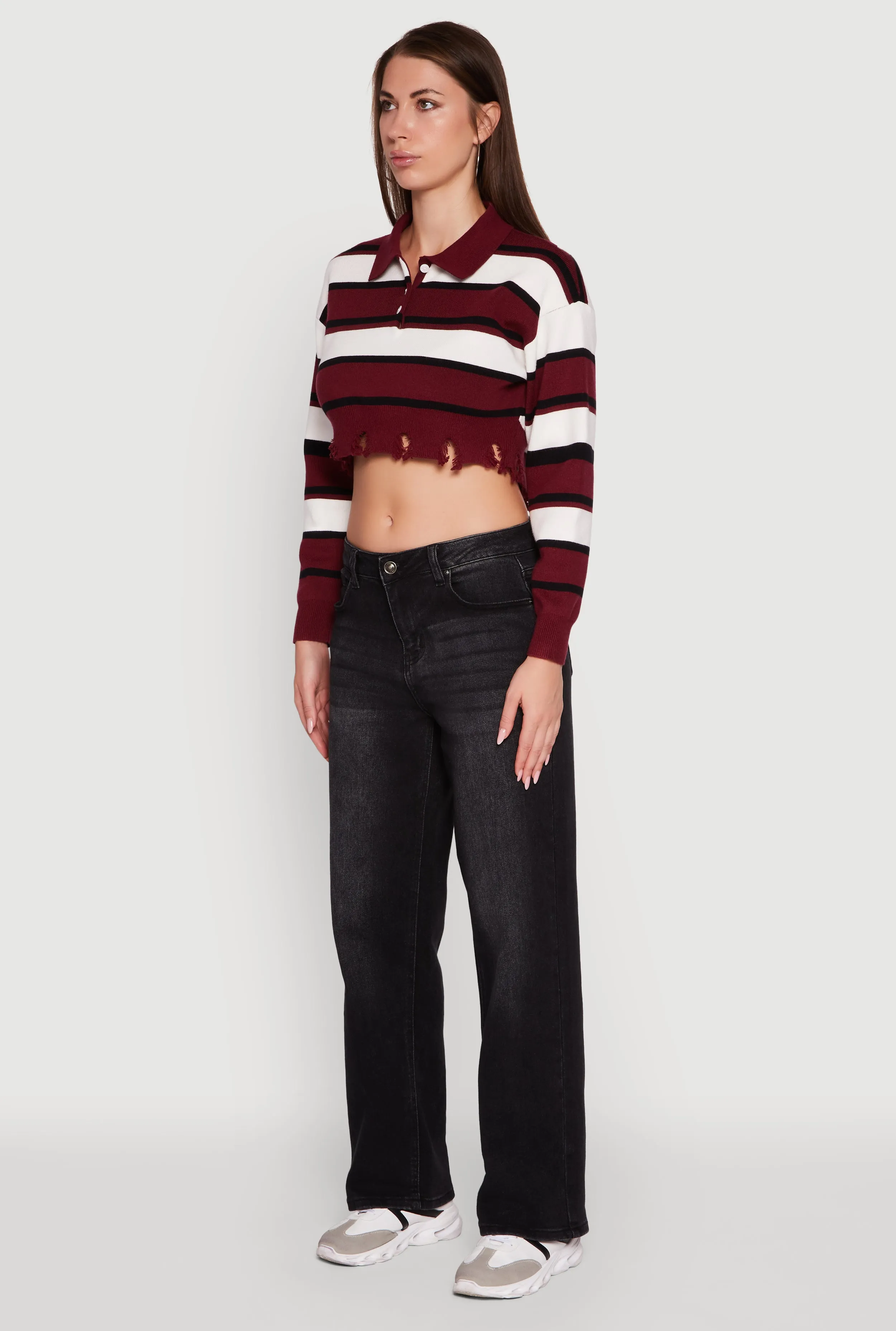 Striped Polo Collar Frayed Hem Crop Sweater sold by Rainbow product image thumbnail 5