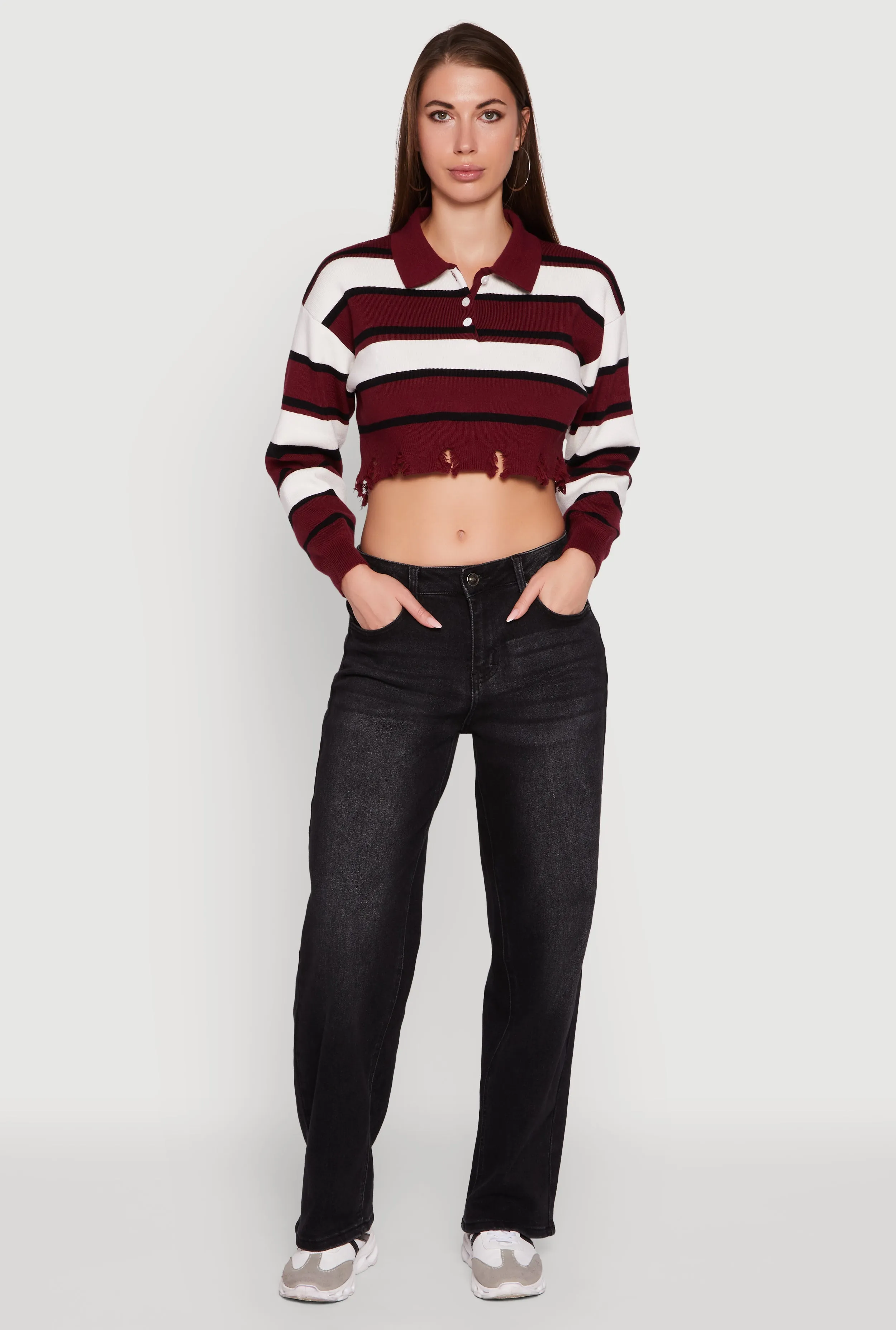 Striped Polo Collar Frayed Hem Crop Sweater sold by Rainbow product image thumbnail 3