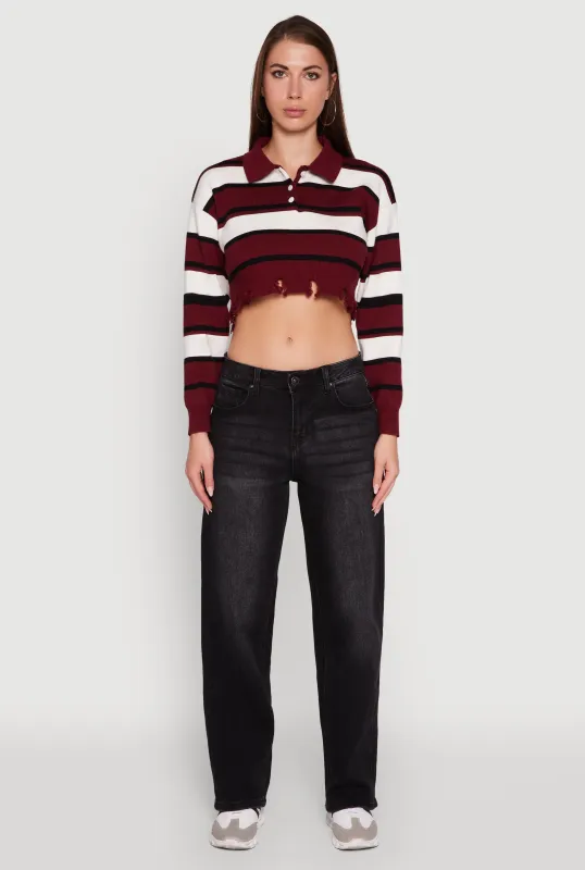Striped Polo Collar Frayed Hem Crop Sweater sold by Rainbow