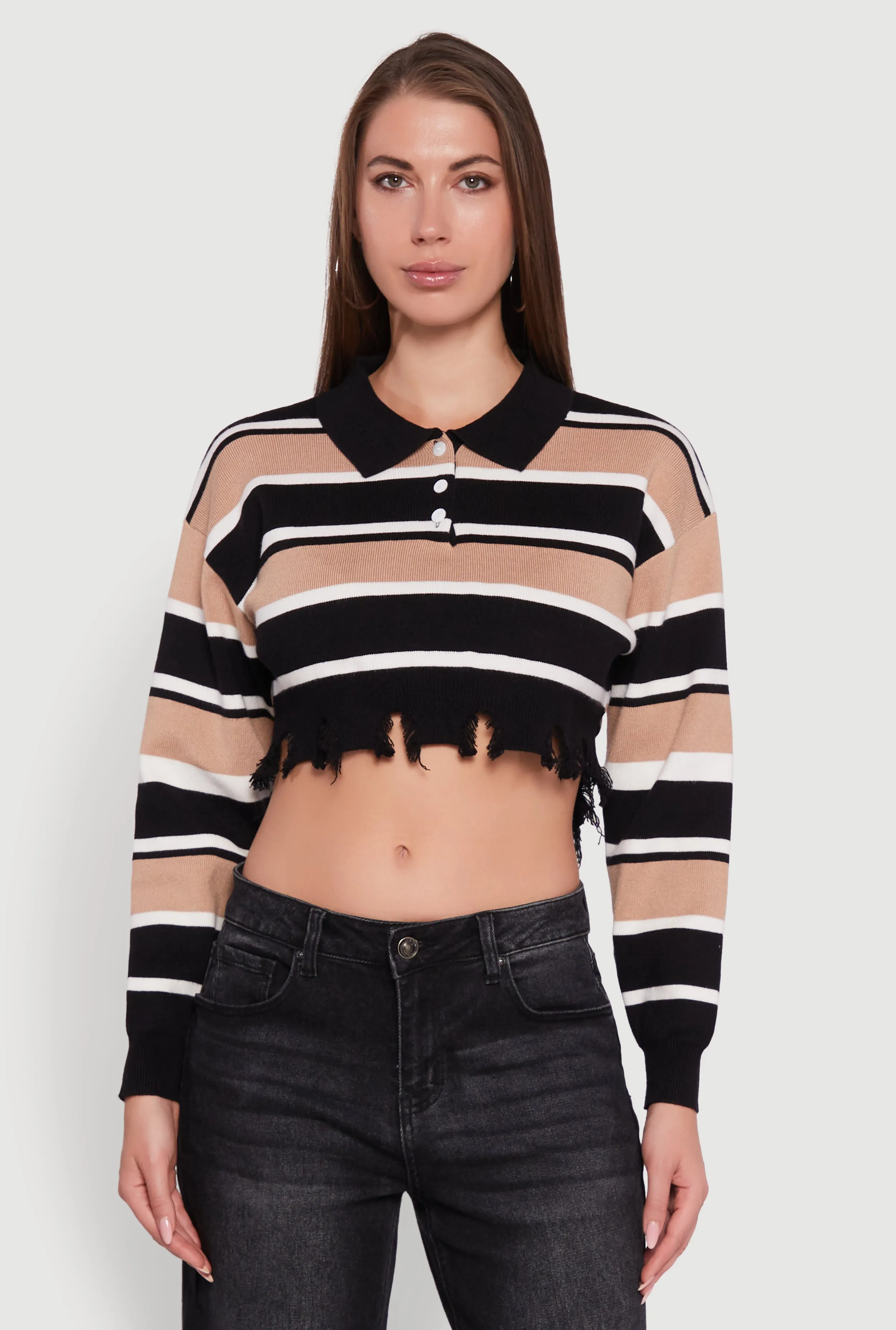 Striped Polo Collar Frayed Hem Crop Sweater sold by Rainbow product image thumbnail 2