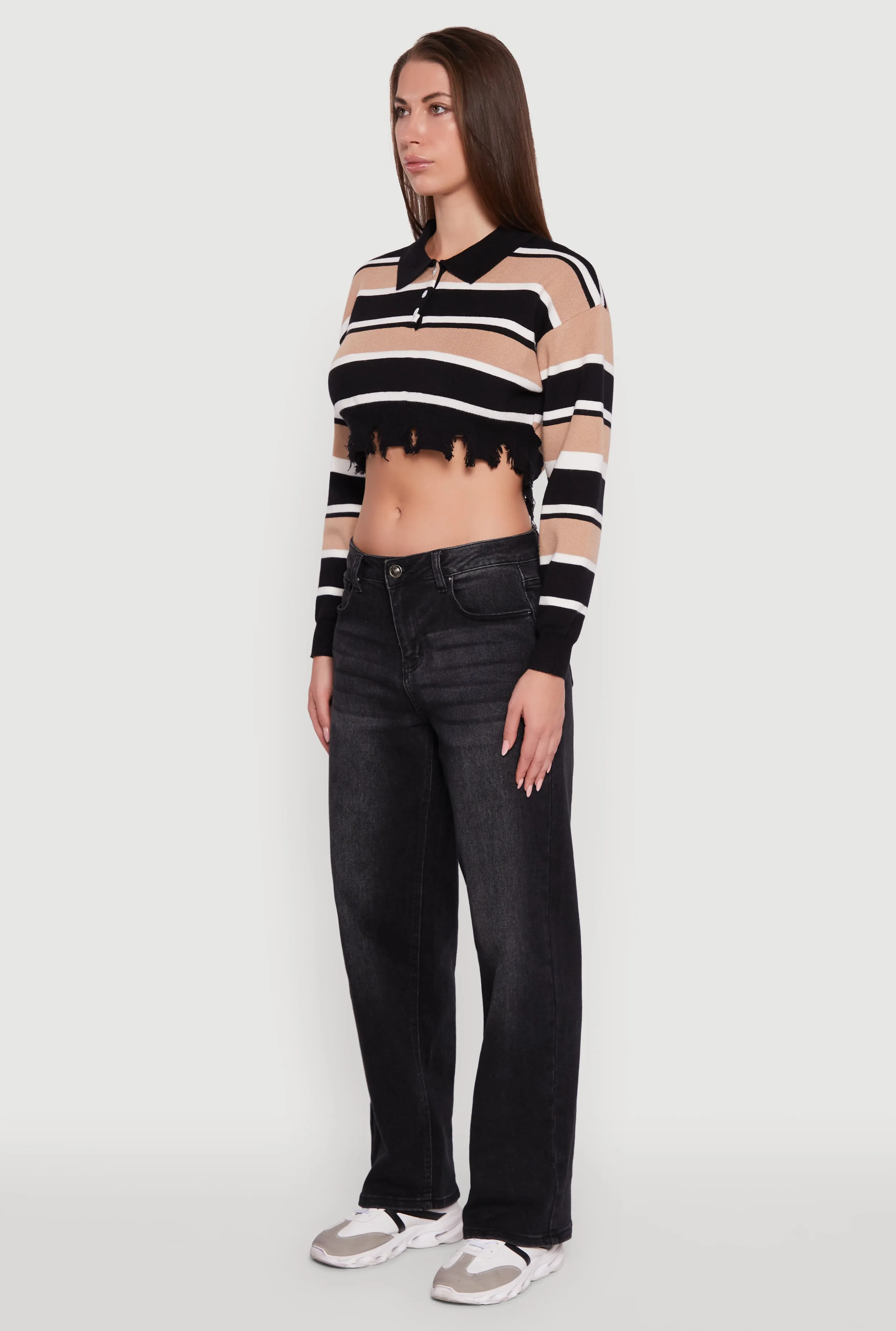 Striped Polo Collar Frayed Hem Crop Sweater sold by Rainbow product image thumbnail 5