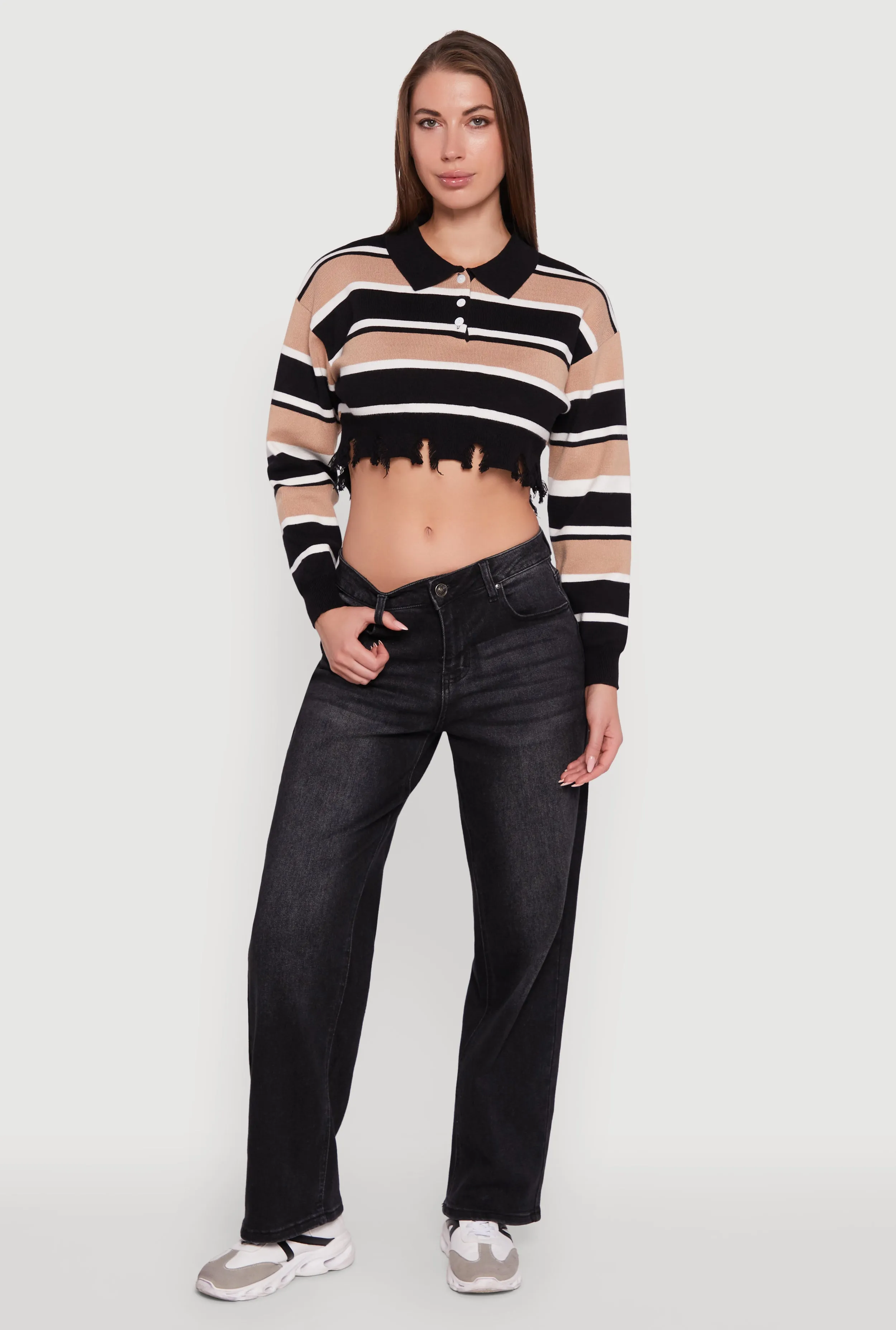 Striped Polo Collar Frayed Hem Crop Sweater sold by Rainbow