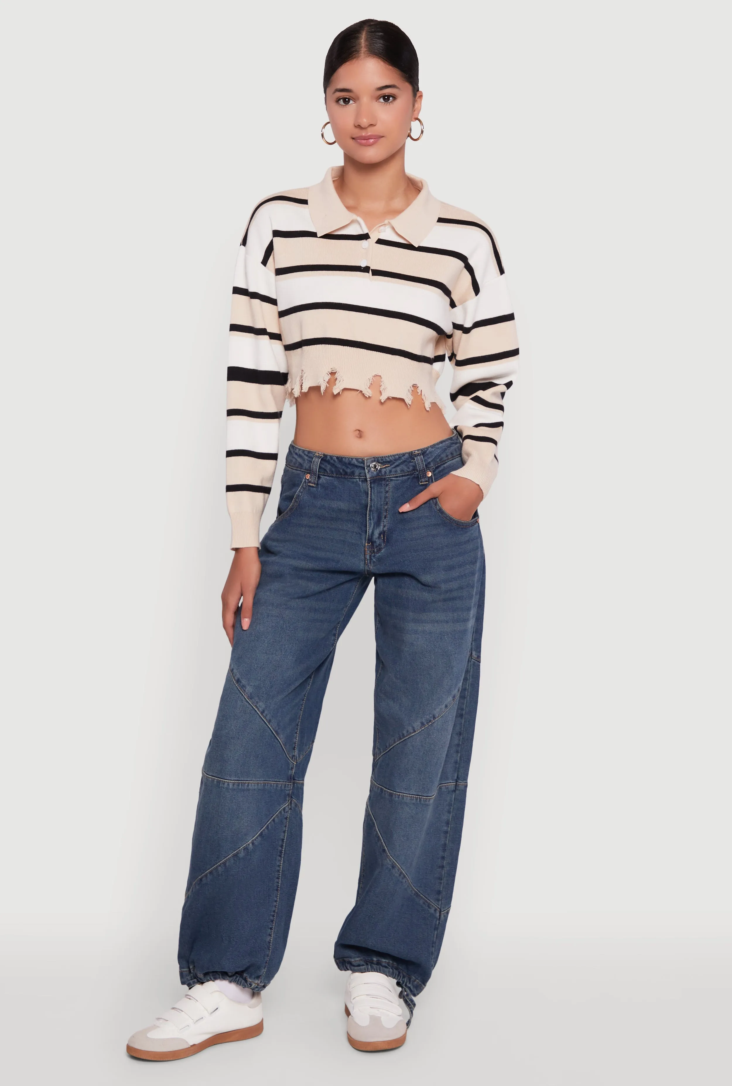 Striped Polo Collar Frayed Hem Crop Sweater sold by Rainbow product image thumbnail 2