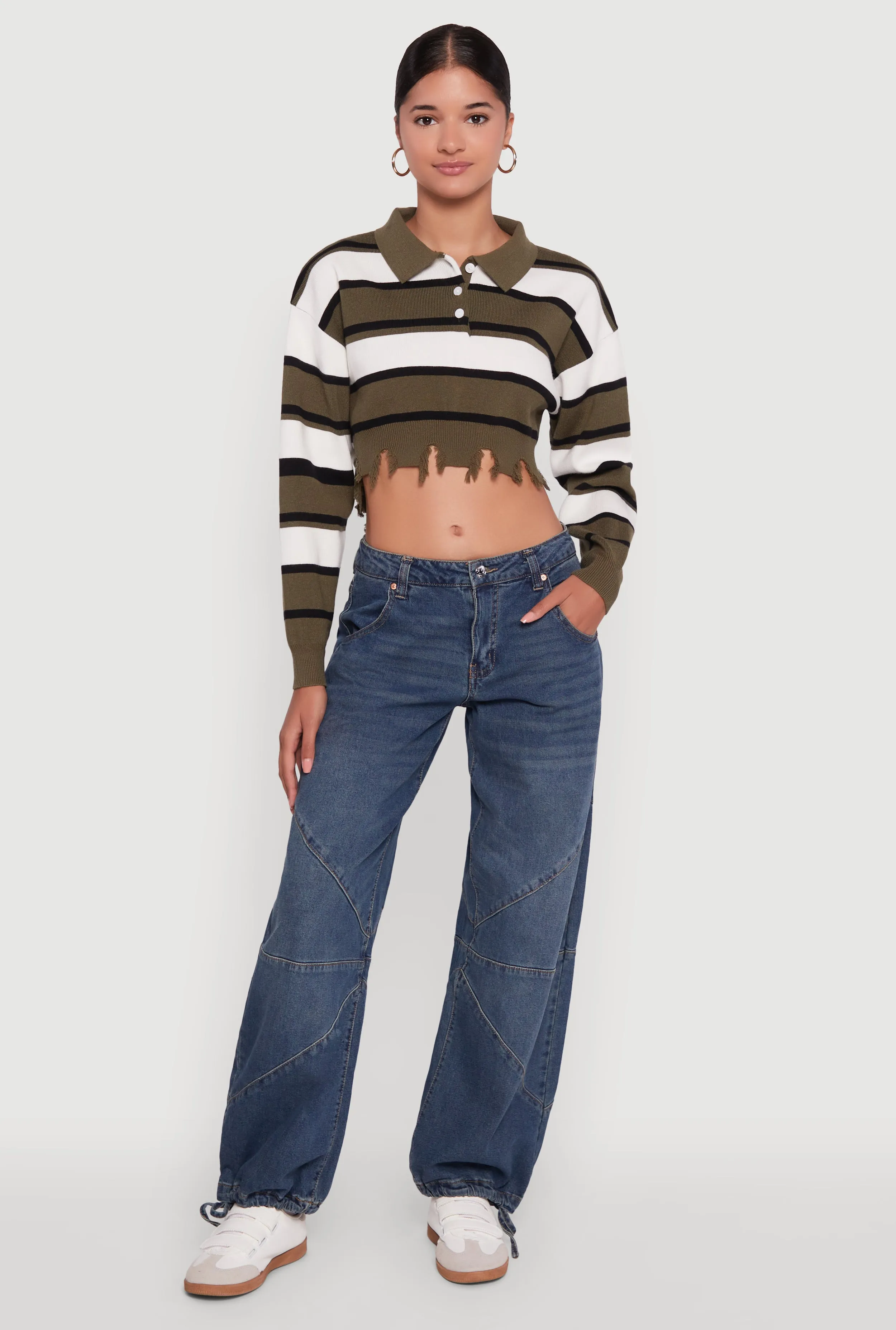 Striped Polo Collar Frayed Hem Crop Sweater sold by Rainbow product image thumbnail 4