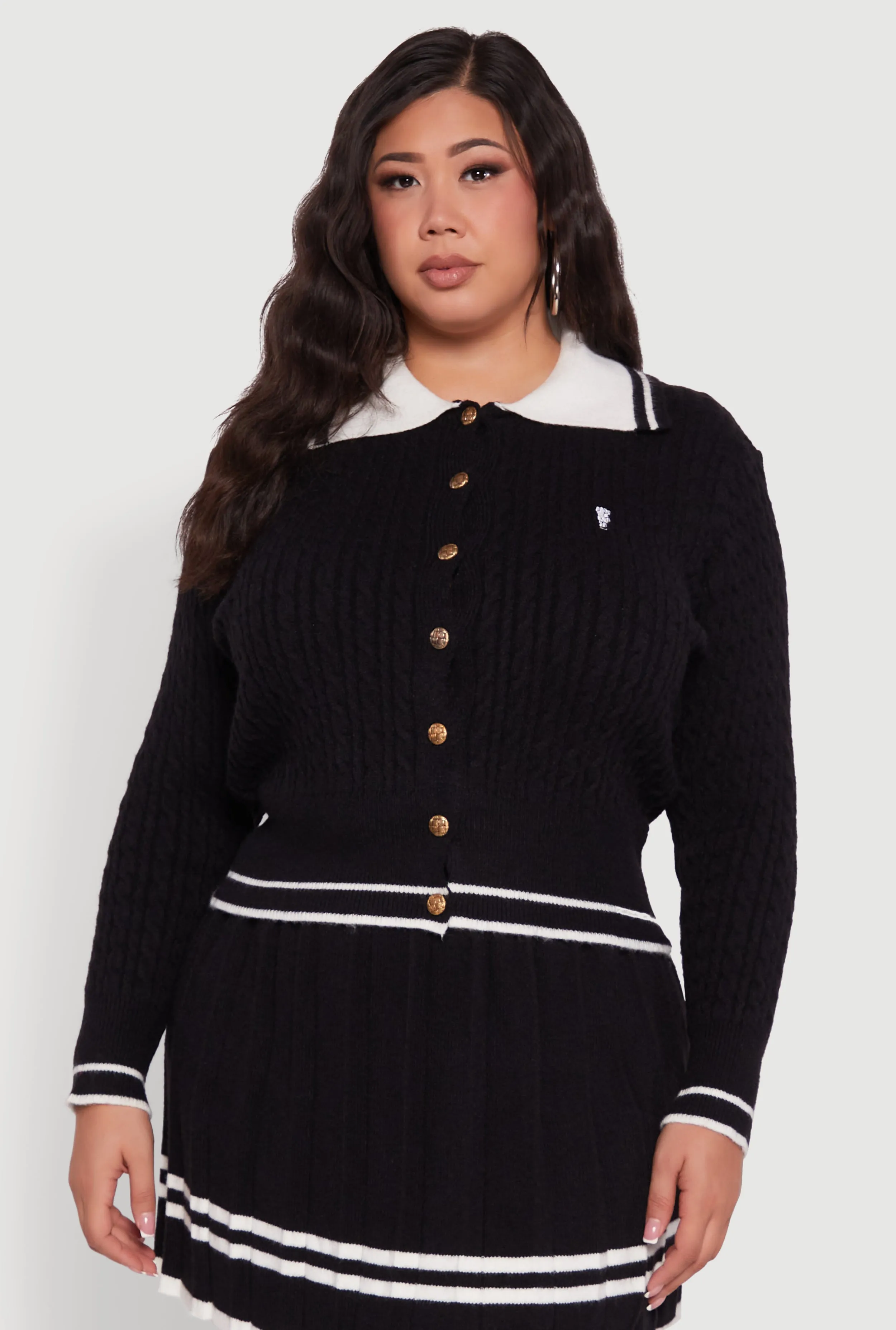 Plus Size Bear Patch Graphic Varsity Stripe Cardigan sold by Rainbow