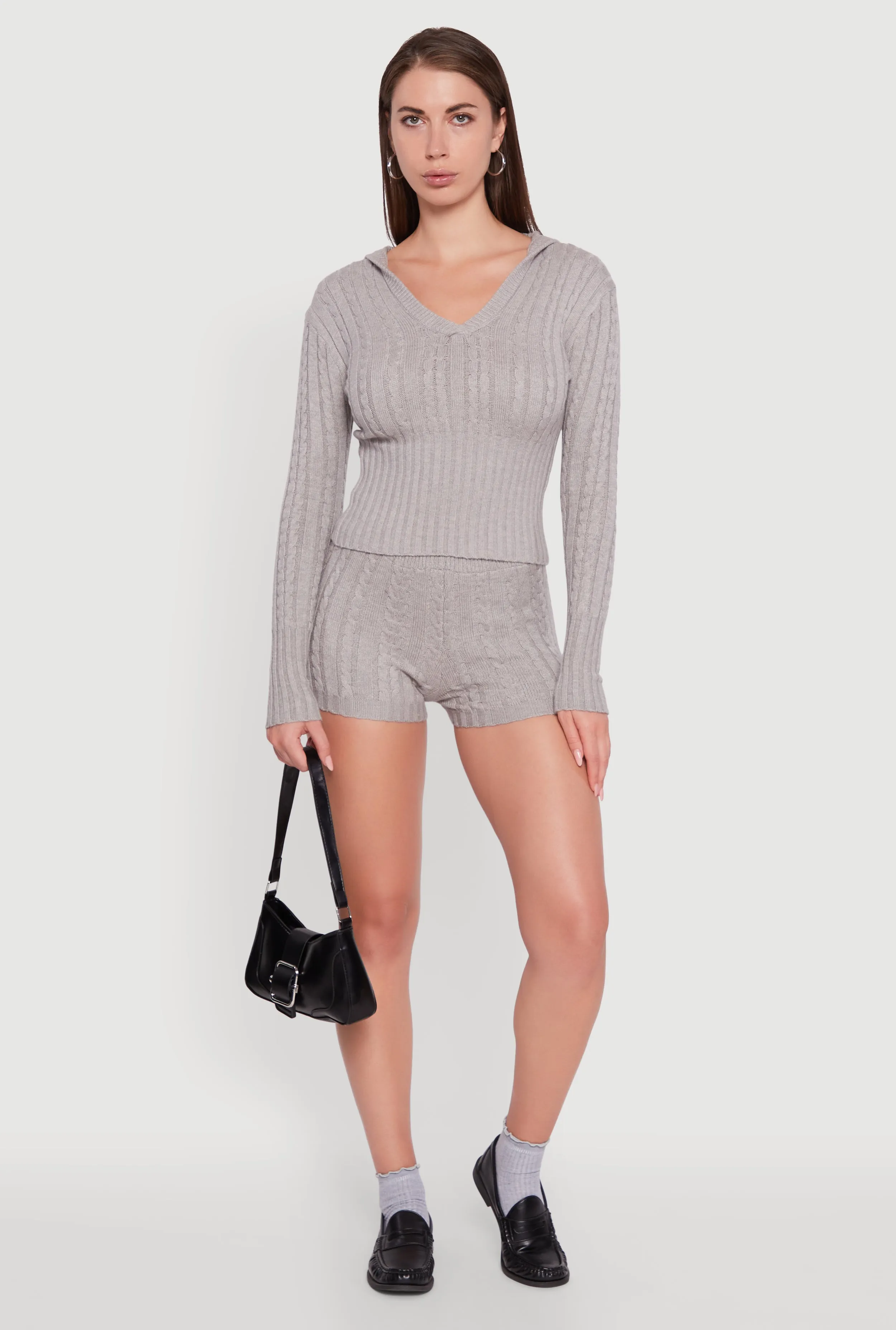 Cable Knit V Neck Hooded Sweater sold by Rainbow product image thumbnail 2
