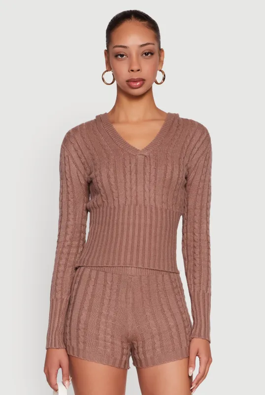 Cable Knit V Neck Hooded Sweater sold by Rainbow