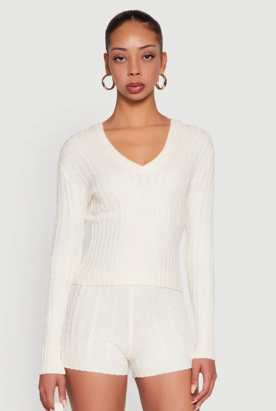 Cable Knit V Neck Hooded Sweater sold by Rainbow