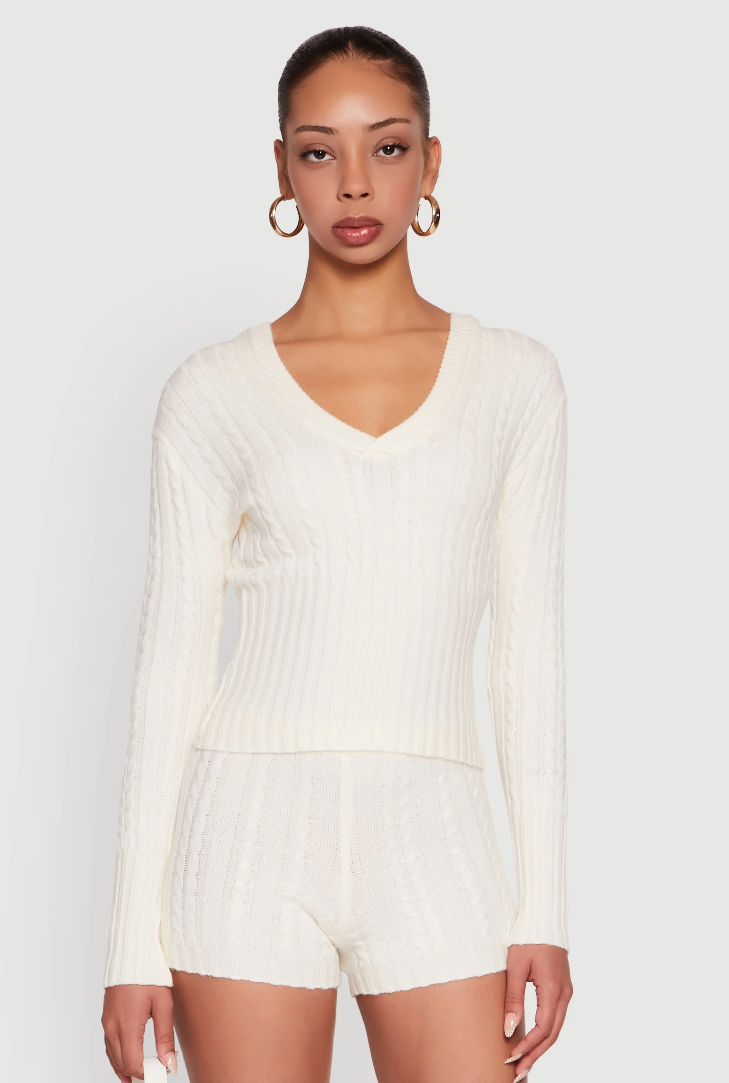 Cable Knit V Neck Hooded Sweater sold by Rainbow