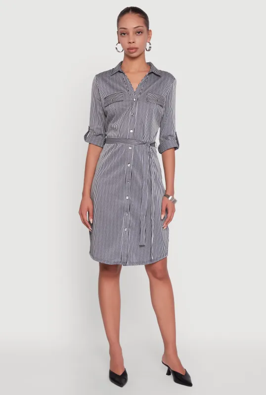 Striped Button Front Shirt Dress with Tie Waist Belt sold by Rainbow