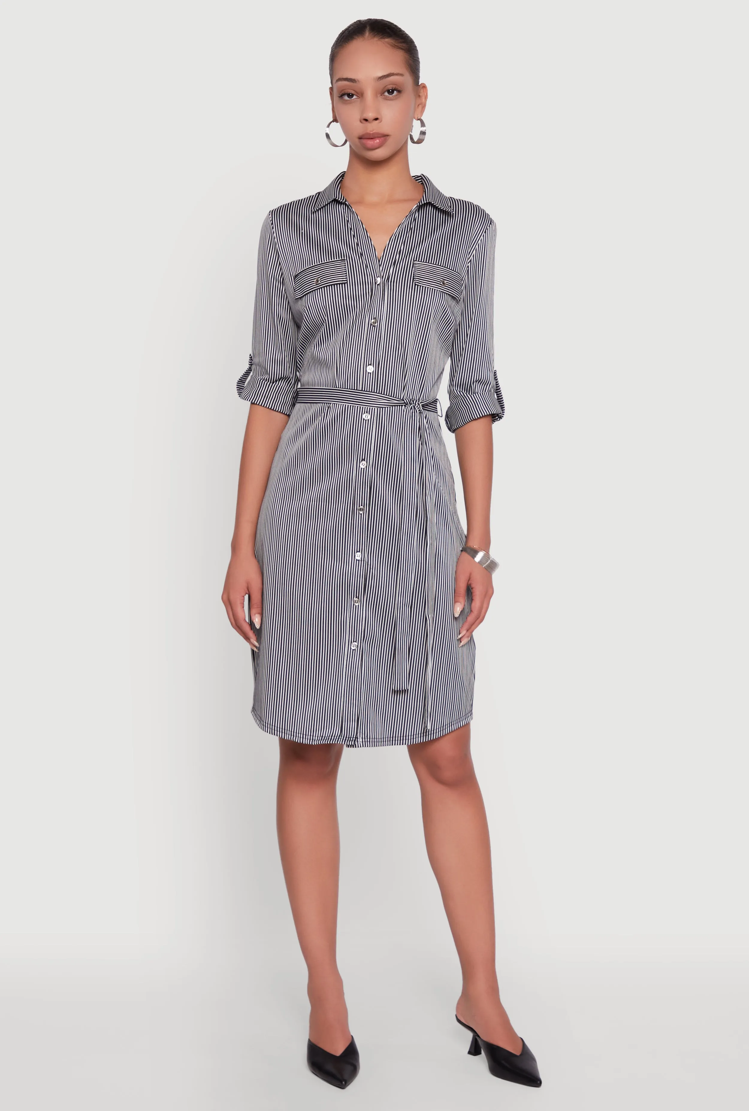Striped Button Front Shirt Dress with Tie Waist Belt sold by Rainbow