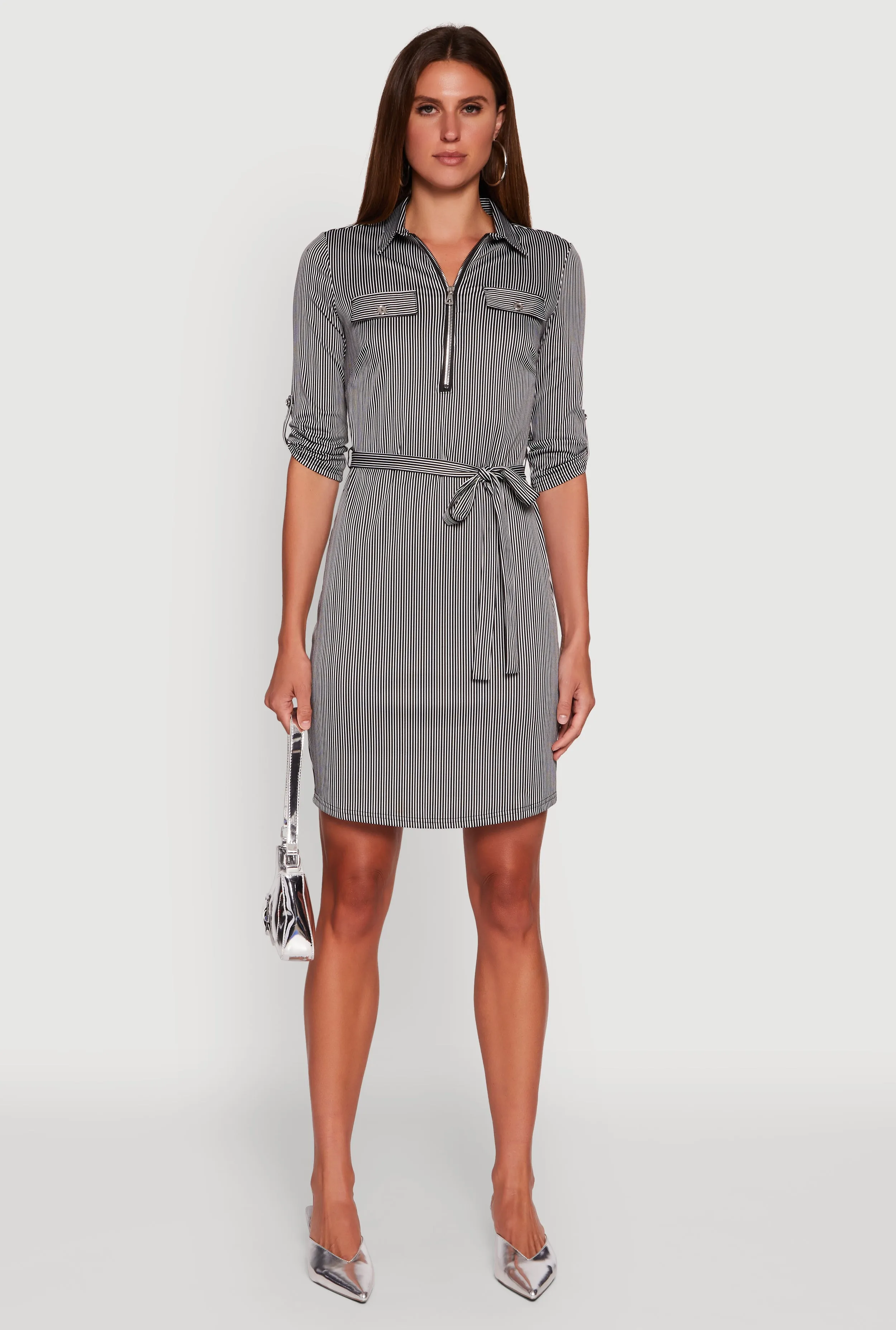 Striped Zip Front Midi Dress with Tie Waist Belt sold by Rainbow product image thumbnail 2