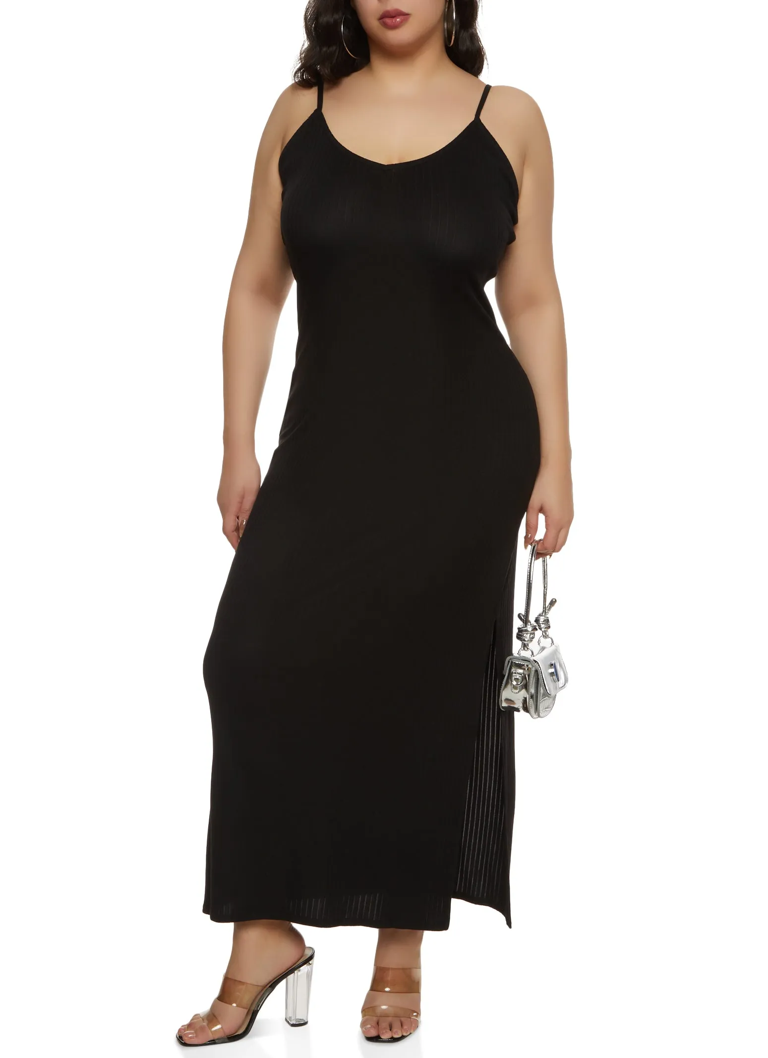 Plus Size Ribbed Knit Side Slit Cami Maxi Dress sold by Rainbow product image thumbnail 2