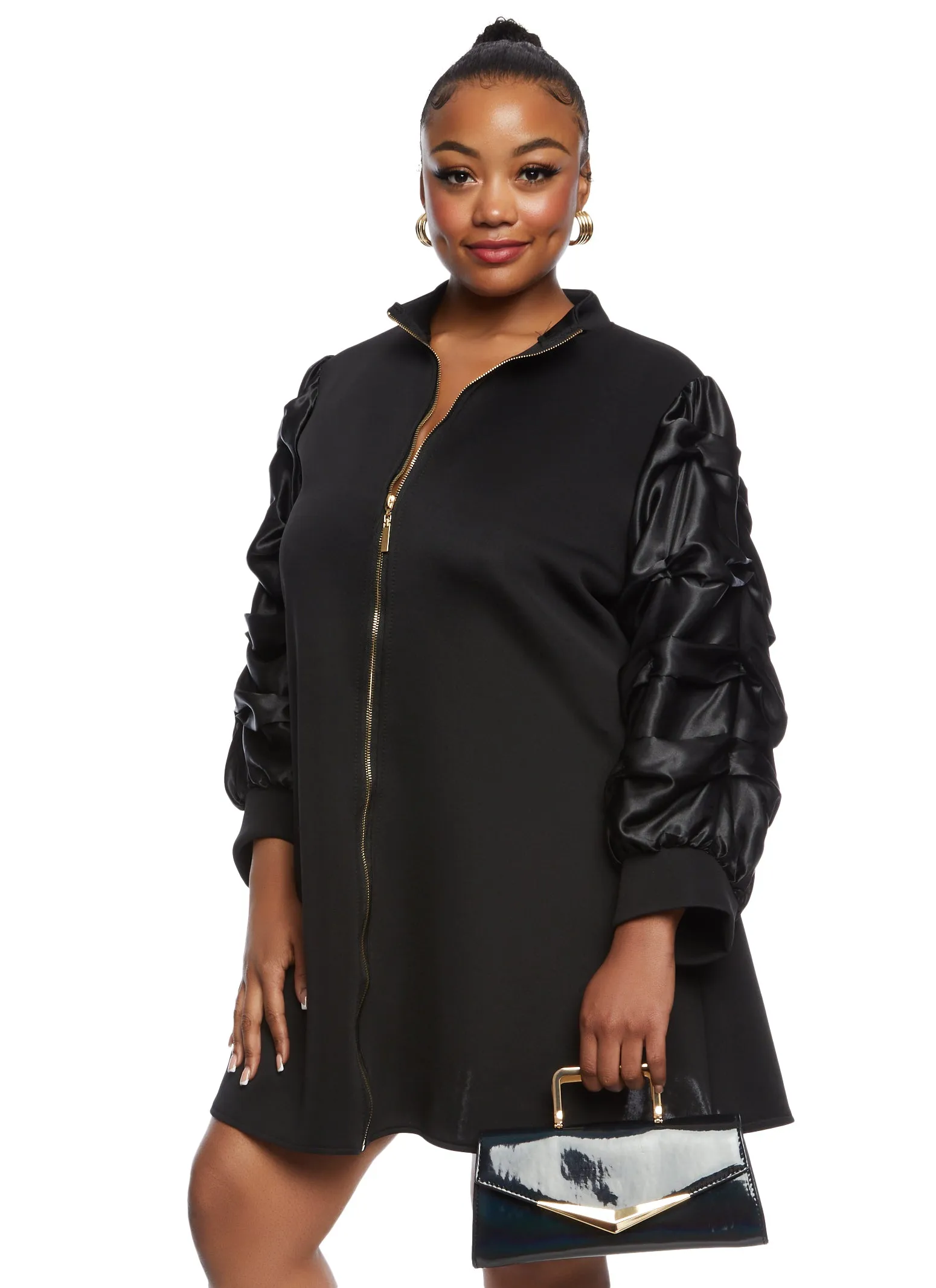 Plus Size Ruched Tiered Sleeve Zip Front Dress sold by Rainbow