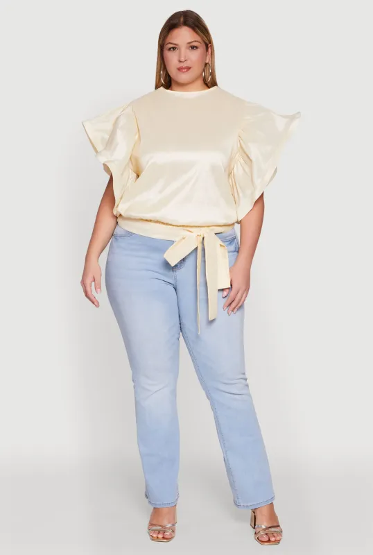 Plus Size Flutter Sleeve Blouse with Tie Waist Belt sold by Rainbow