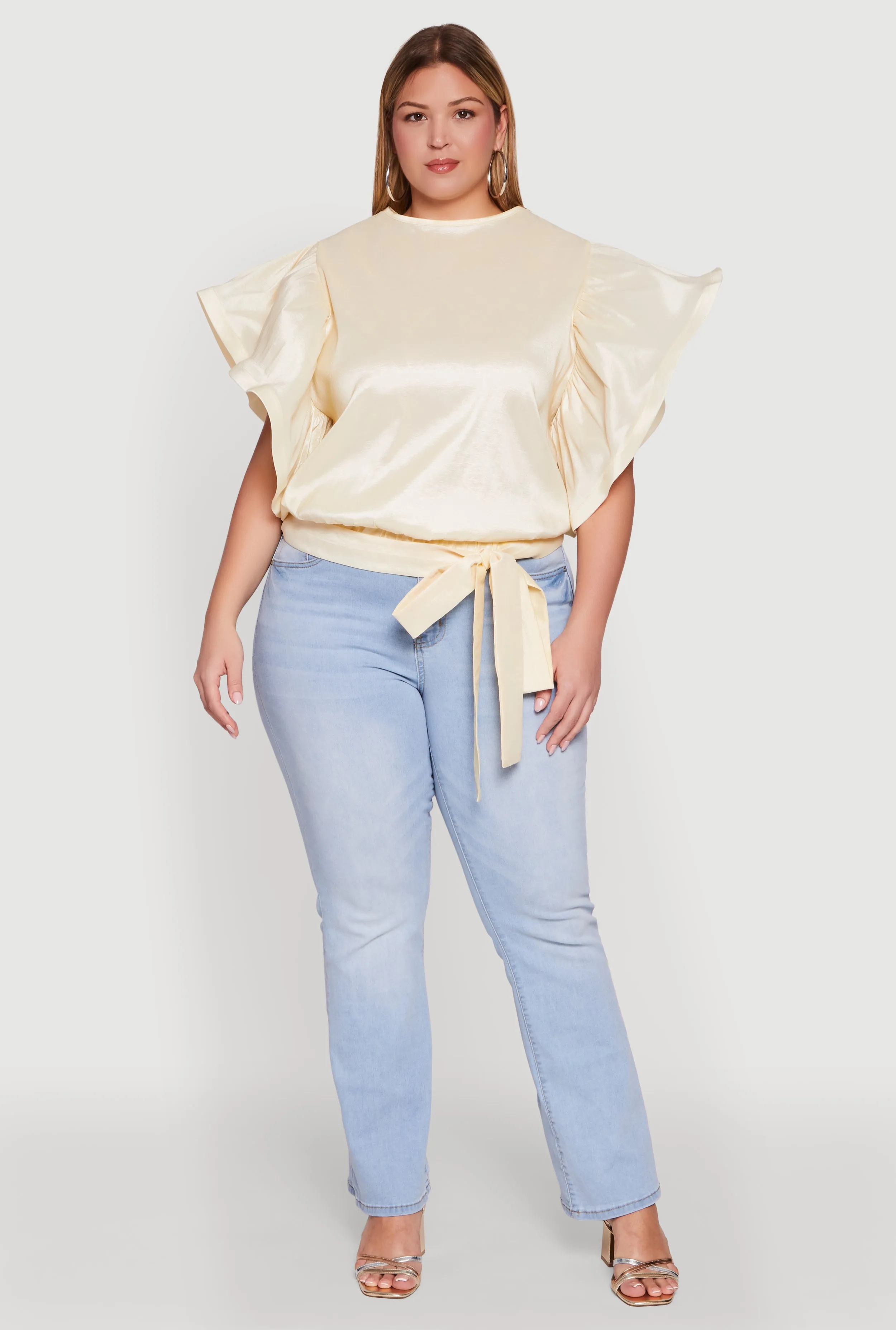 Plus Size Flutter Sleeve Blouse with Tie Waist Belt sold by Rainbow