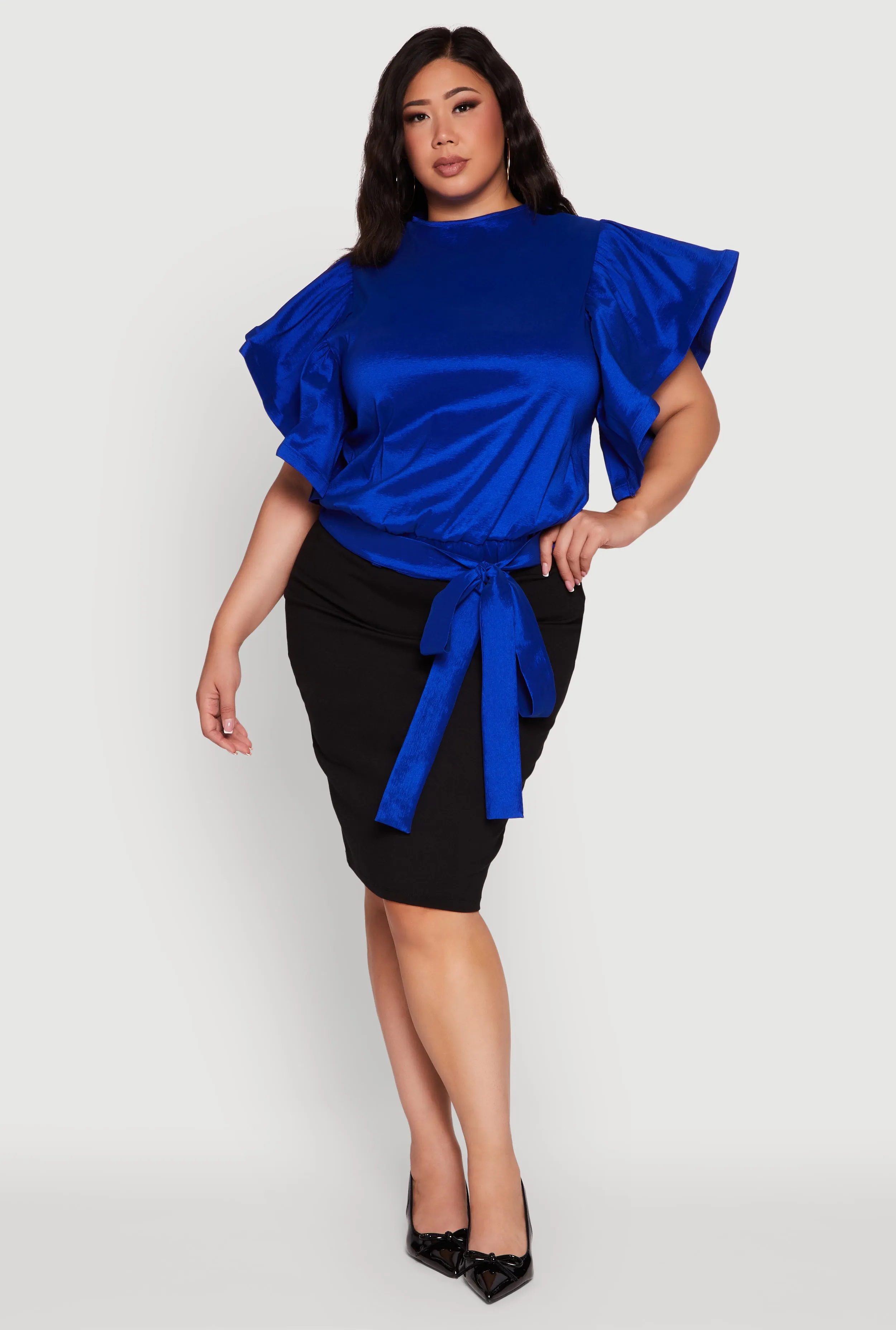 Plus Size Flutter Sleeve Blouse with Tie Waist Belt sold by Rainbow