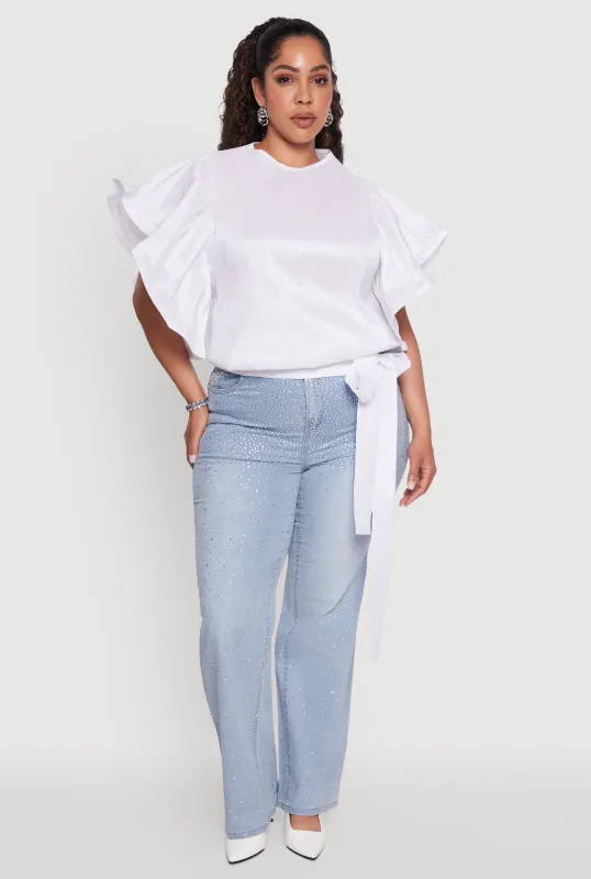 Plus Size Flutter Sleeve Blouse with Tie Waist Belt sold by Rainbow