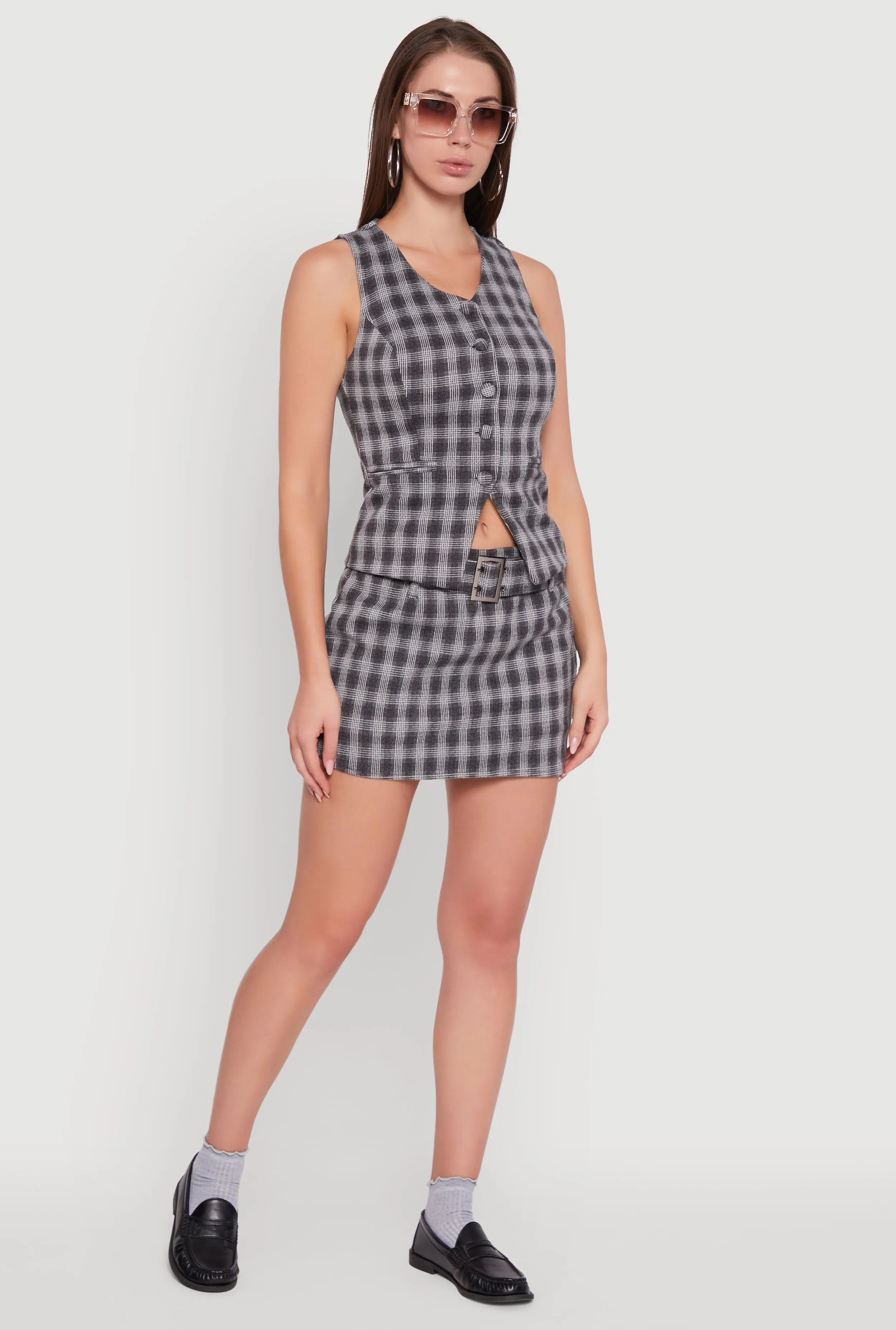 Fleece Lined Plaid Mini Skirt with Belt sold by Rainbow