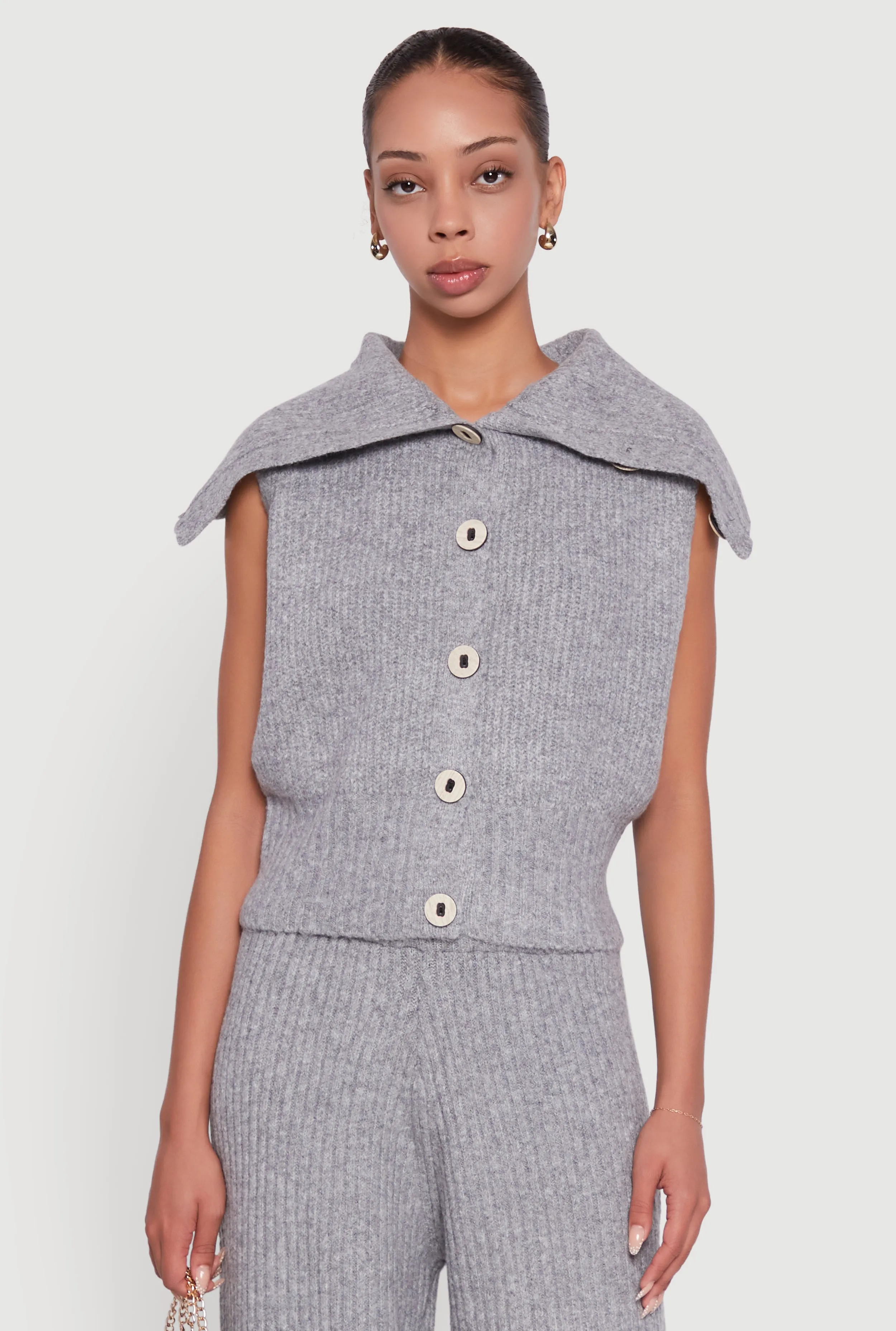 Brushed Rib Knit Collared Button Front Sweater Vest sold by Rainbow