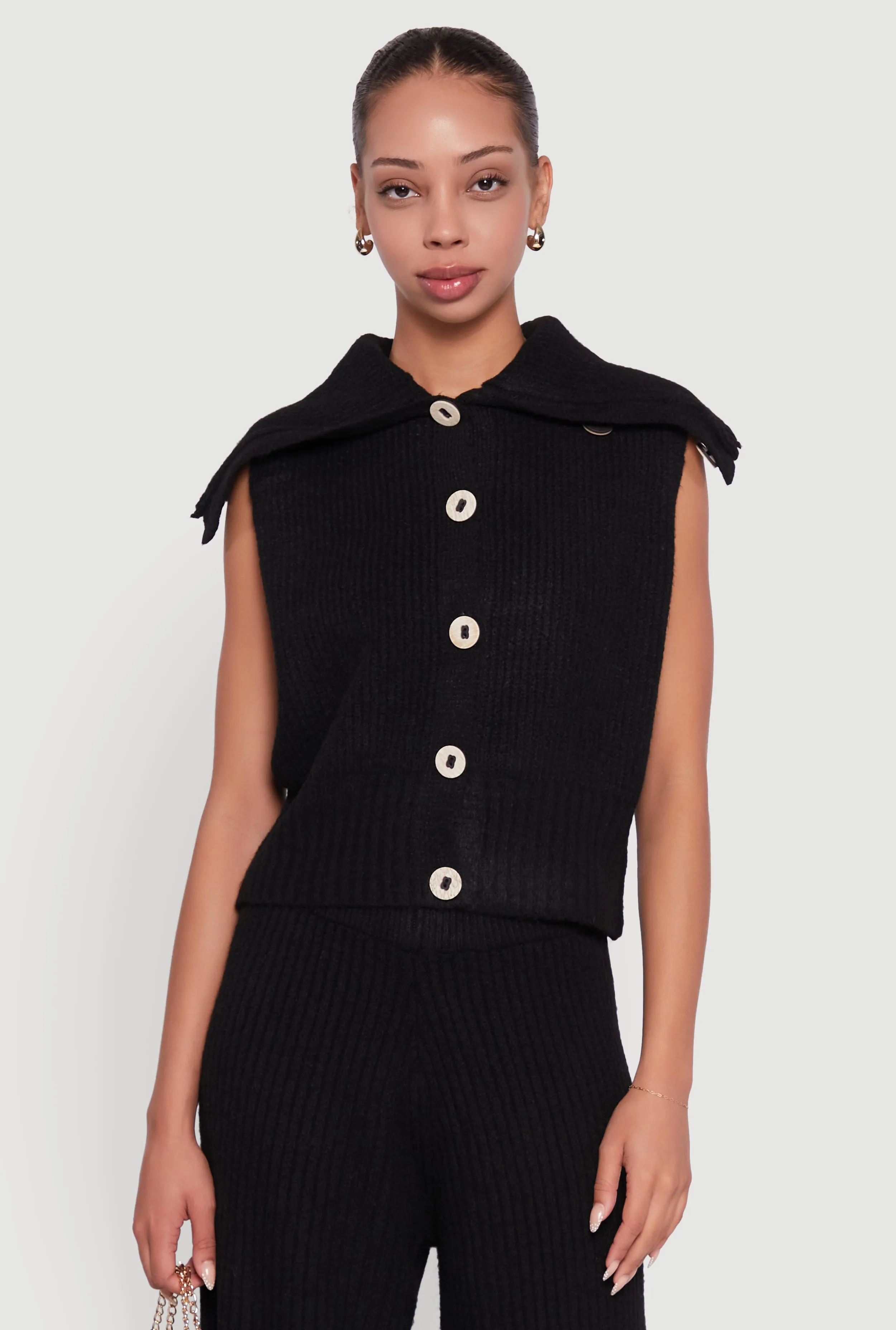 Brushed Rib Knit Collared Button Front Sweater Vest sold by Rainbow