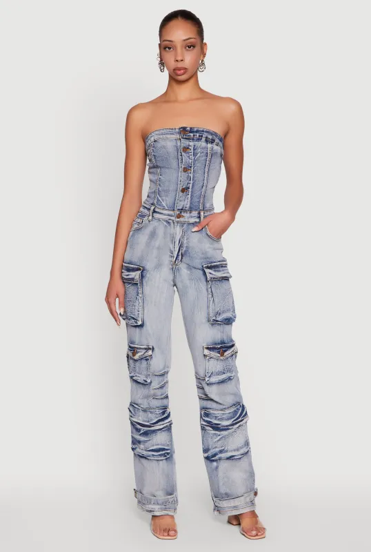 Acid Wash Denim Multi Cargo Pocket Strapless Jumpsuit sold by Rainbow