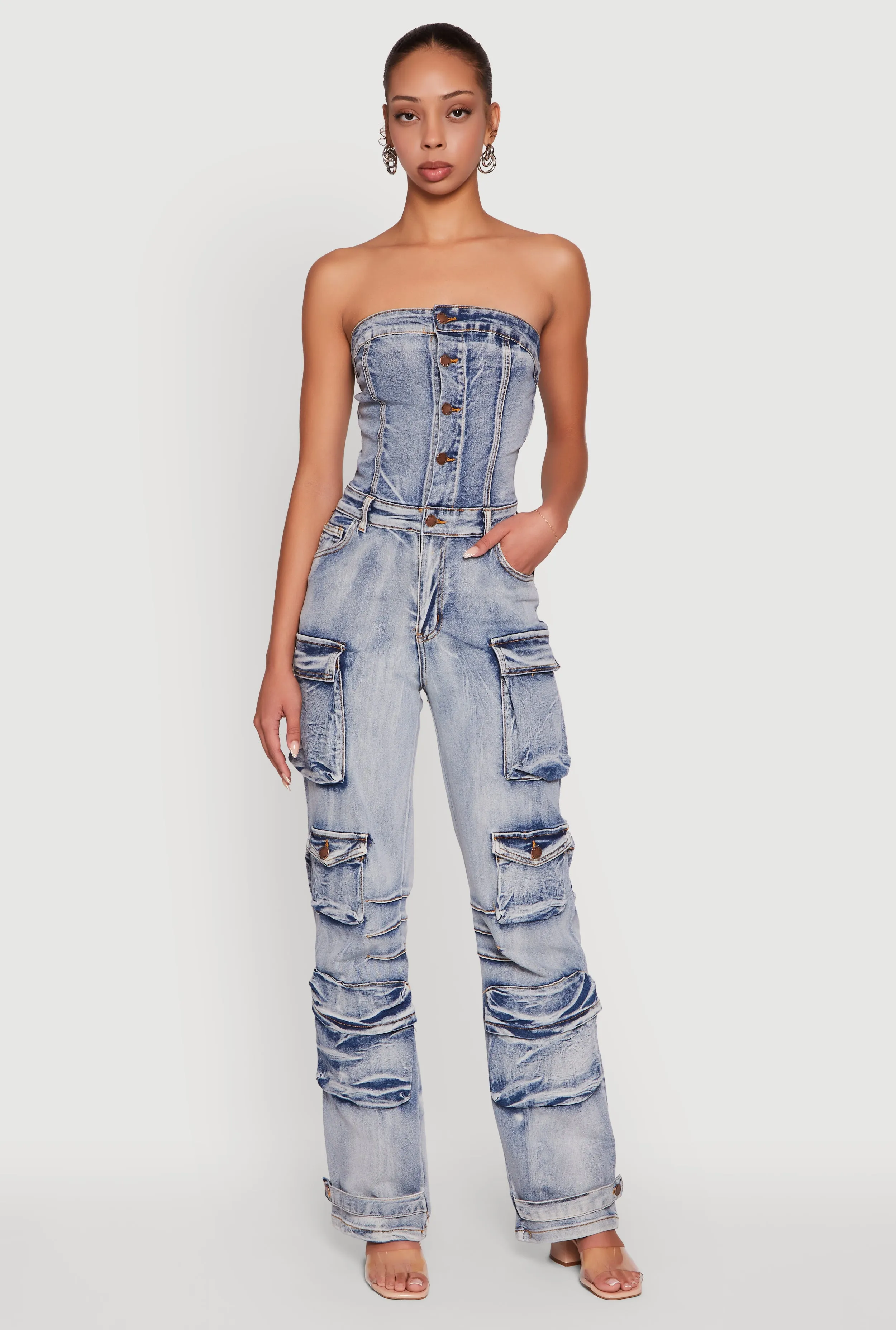 Acid Wash Denim Multi Cargo Pocket Strapless Jumpsuit sold by Rainbow